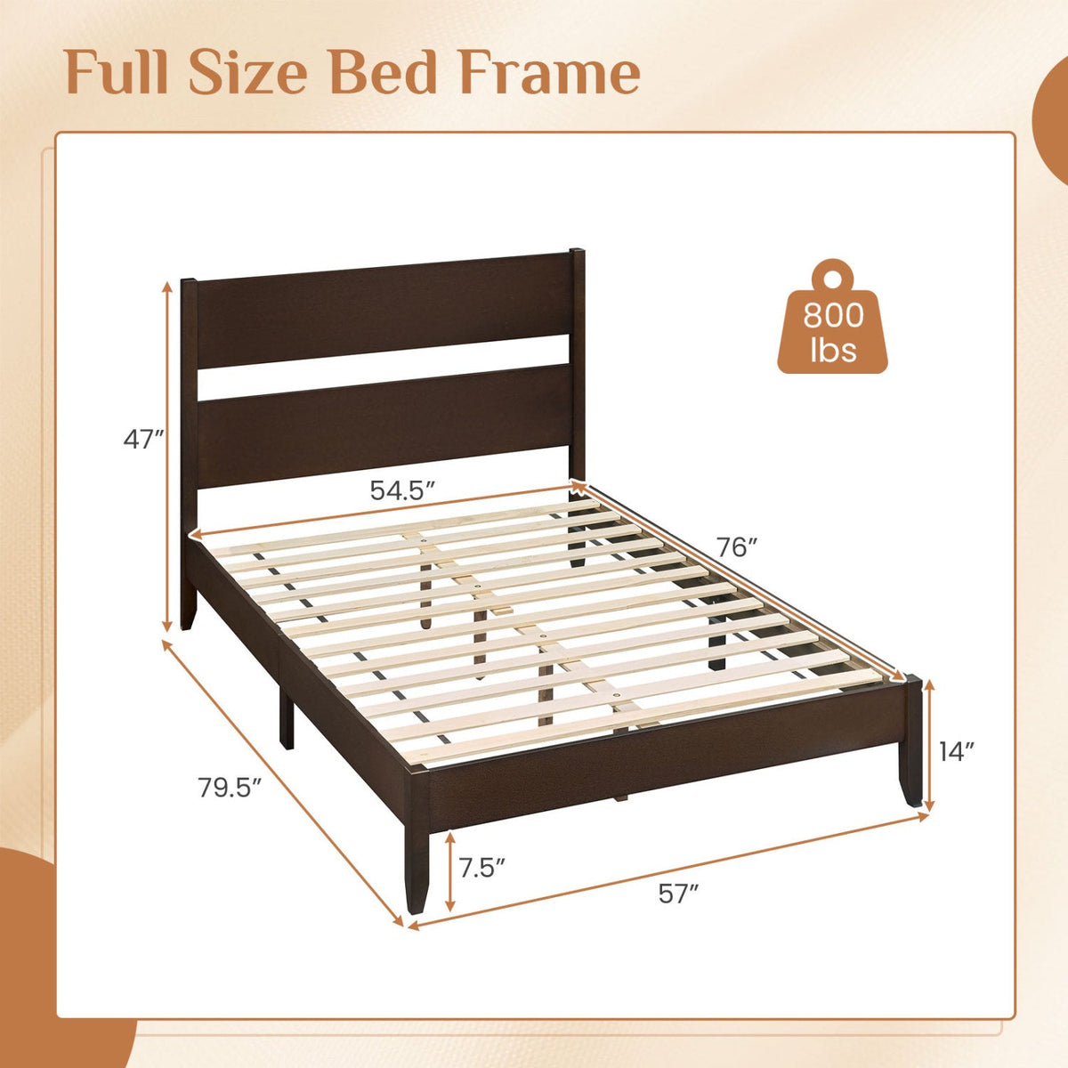 Full Bed Frame with Headboad and Solid Wood Legs 12 Slats-Beds & Bed Frames-DECOROLALA