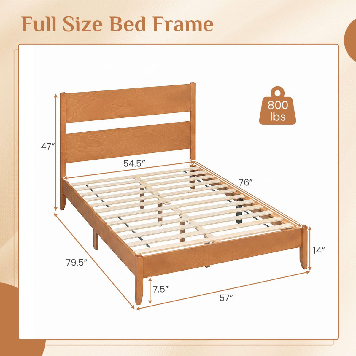 Full Bed Frame with Headboad and Solid Wood Legs 12 Slats-Beds & Bed Frames-DECOROLALA