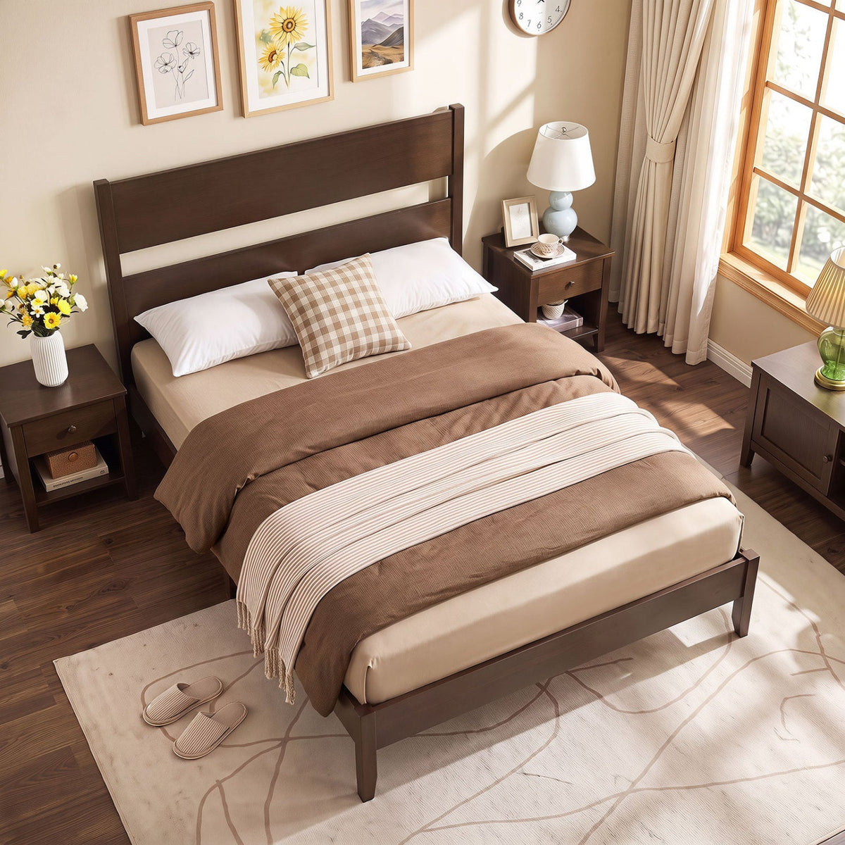 Full Bed Frame with Headboad and Solid Wood Legs 12 Slats-Beds & Bed Frames-DECOROLALA