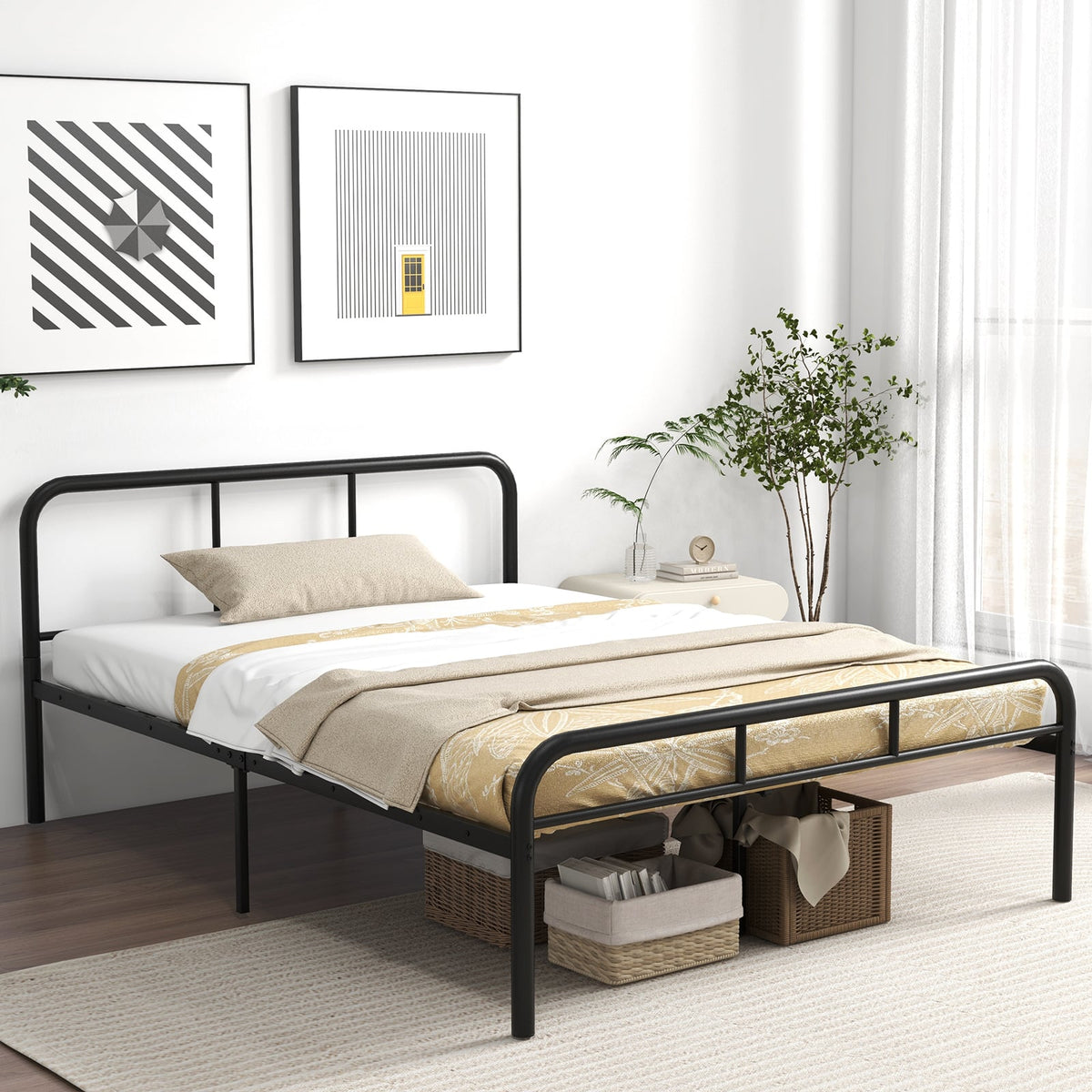 Full Bed Frame with Headboard and Footboard No Box Spring Needed-Black-Simple Bed Frame-DECOROLALA