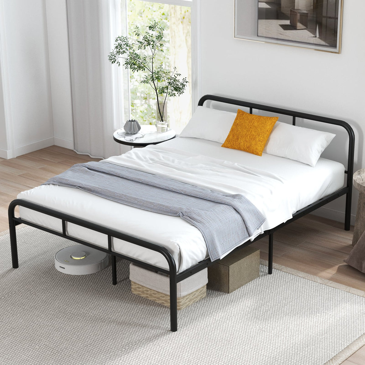 Full Bed Frame with Headboard and Footboard No Box Spring Needed-Black-Simple Bed Frame-DECOROLALA