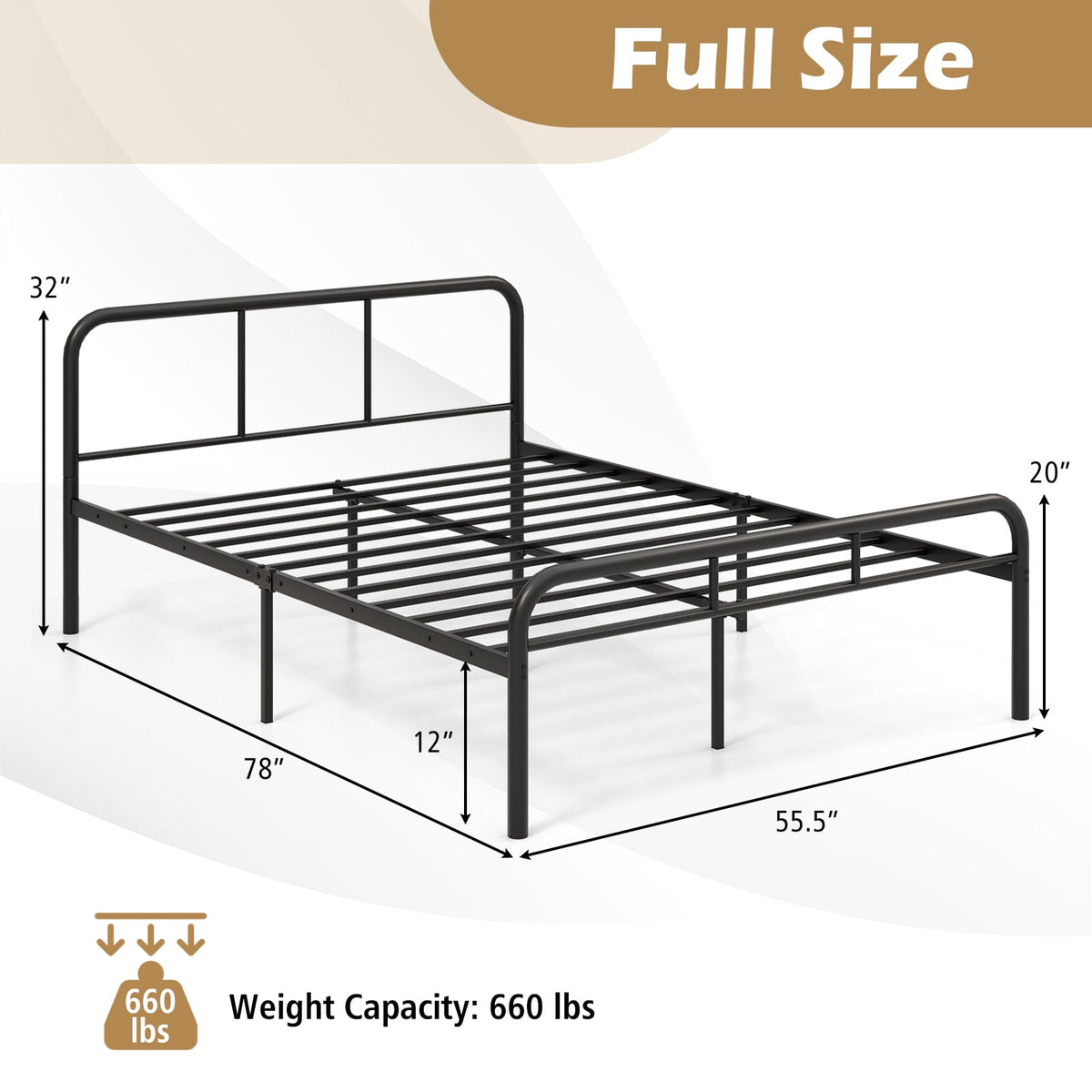 Full Bed Frame with Headboard and Footboard No Box Spring Needed-Black-Simple Bed Frame-DECOROLALA