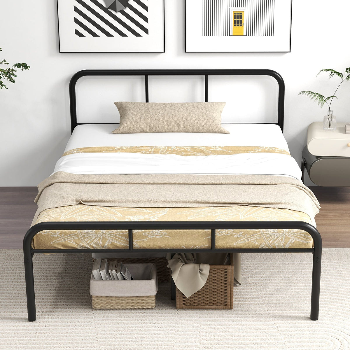 Full Bed Frame with Headboard and Footboard No Box Spring Needed-Black-Simple Bed Frame-DECOROLALA