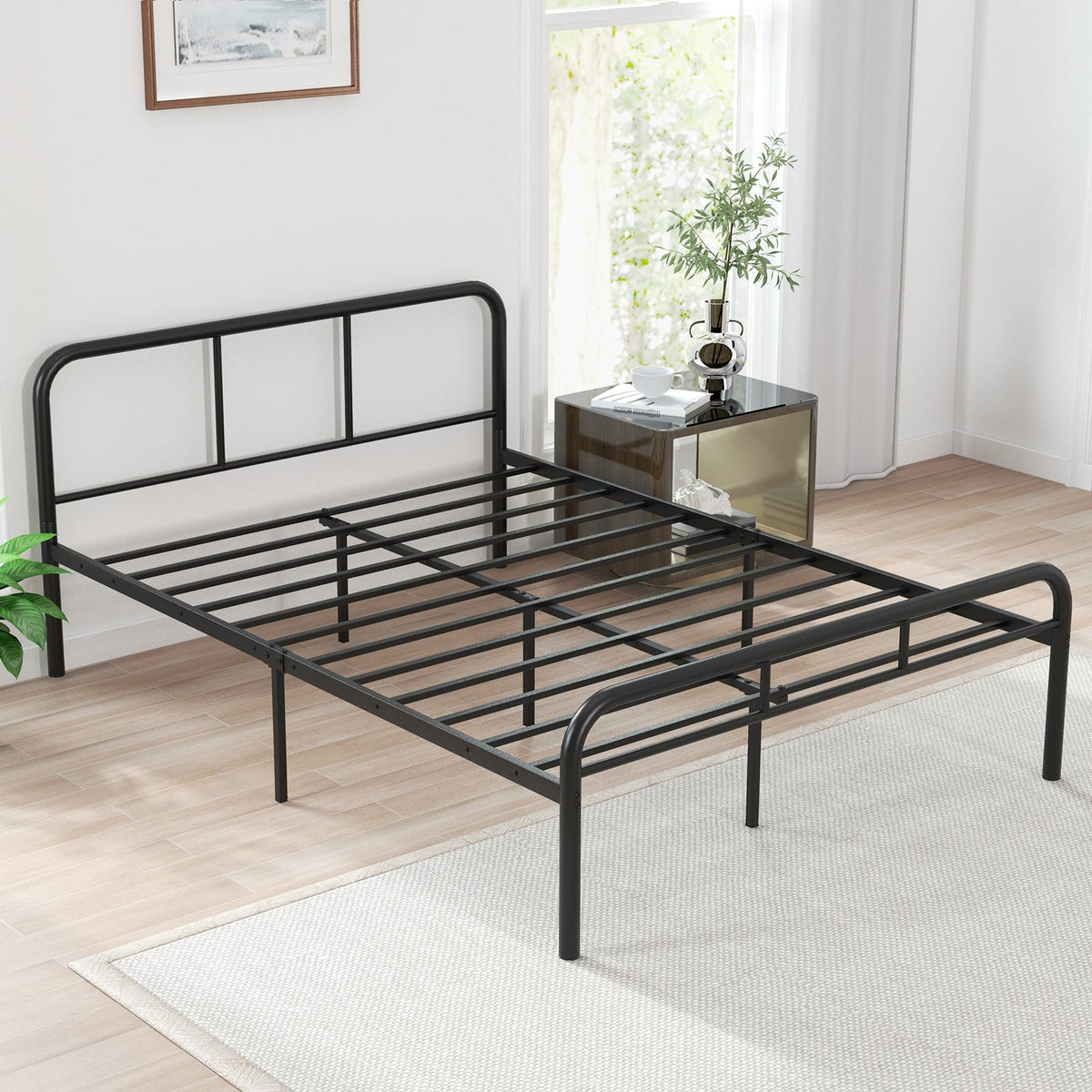 Full Bed Frame with Headboard and Footboard No Box Spring Needed-Black-Simple Bed Frame-DECOROLALA