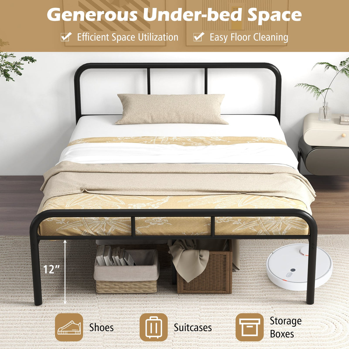 Full Bed Frame with Headboard and Footboard No Box Spring Needed-Black-Simple Bed Frame-DECOROLALA