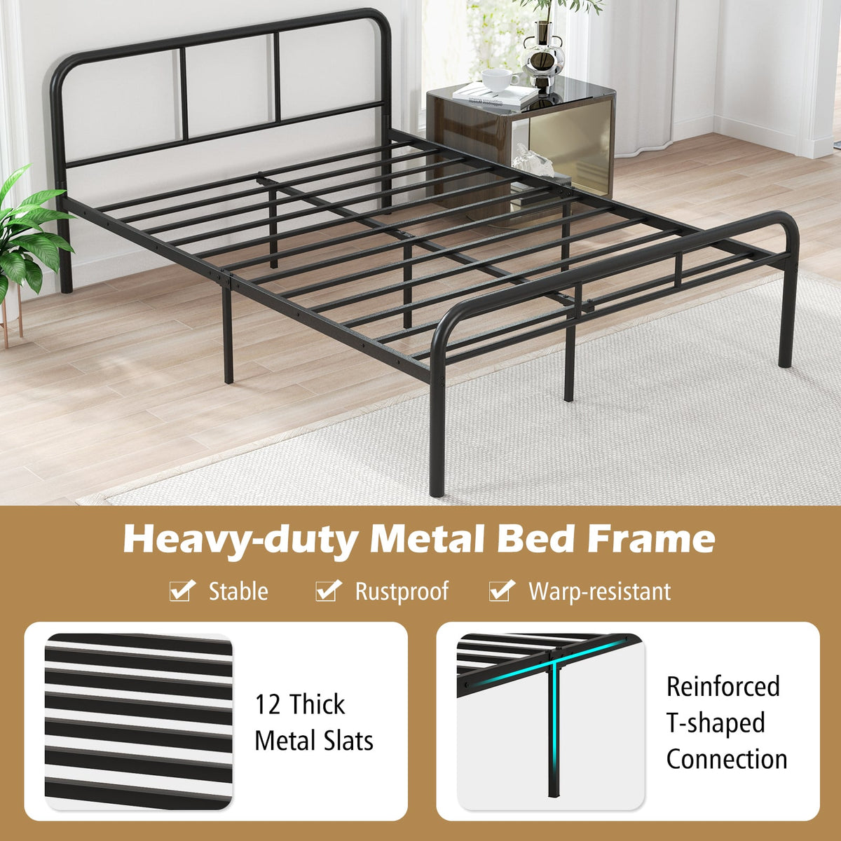 Full Bed Frame with Headboard and Footboard No Box Spring Needed-Black-Simple Bed Frame-DECOROLALA