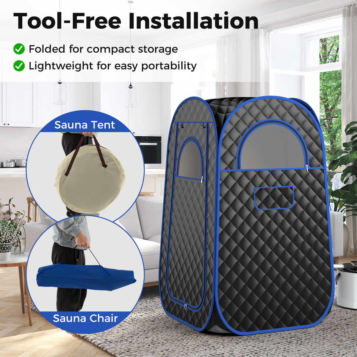 Full-Body Personal Sauna Tent with 1000W 3L Steam Generator for Home Spa Relaxation-Black-Saunas-DECOROLALA