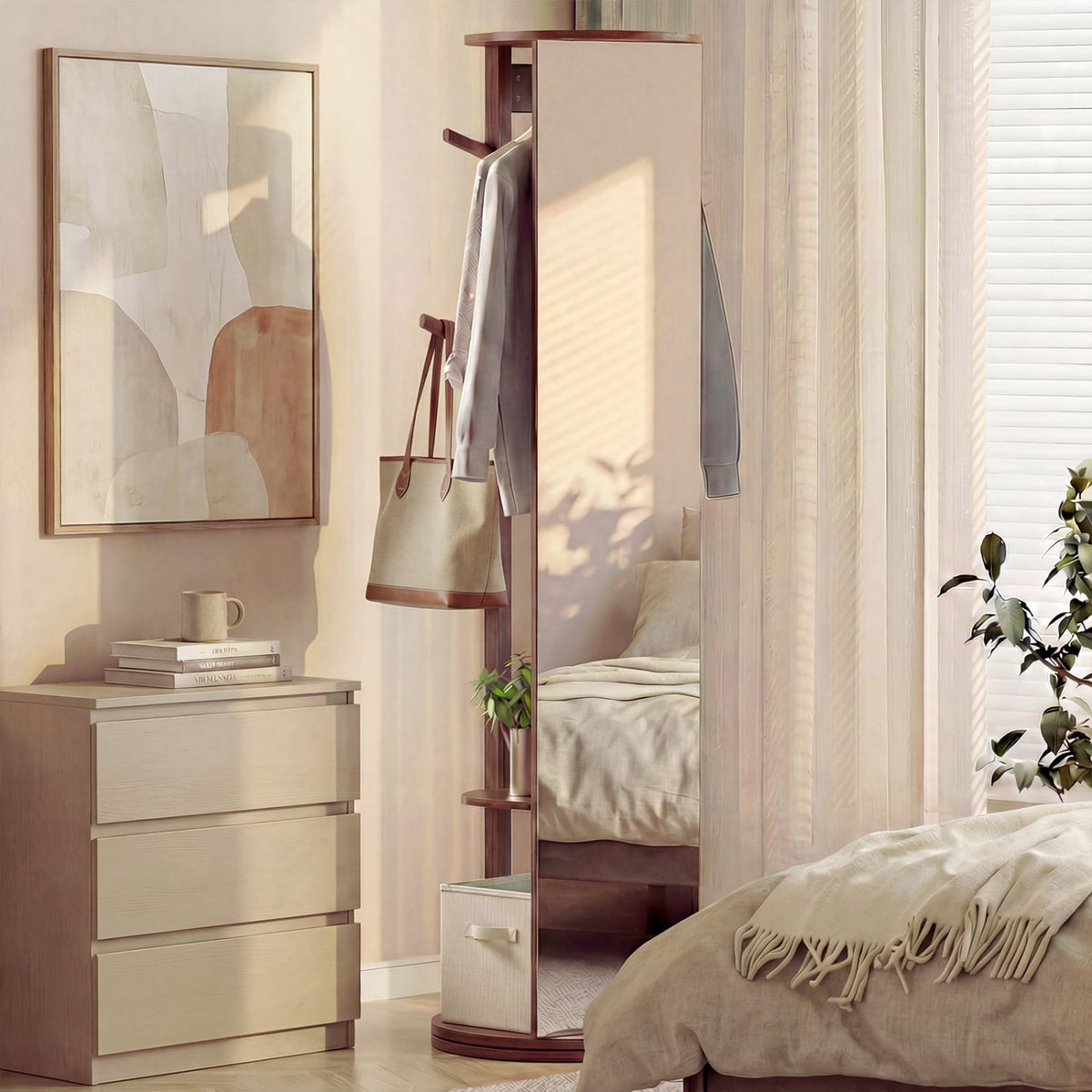 Full Length Mirror Coat Rack Solid Wood Standing Mirror-Walnut-Coat Racks & Hall Trees-DECOROLALA