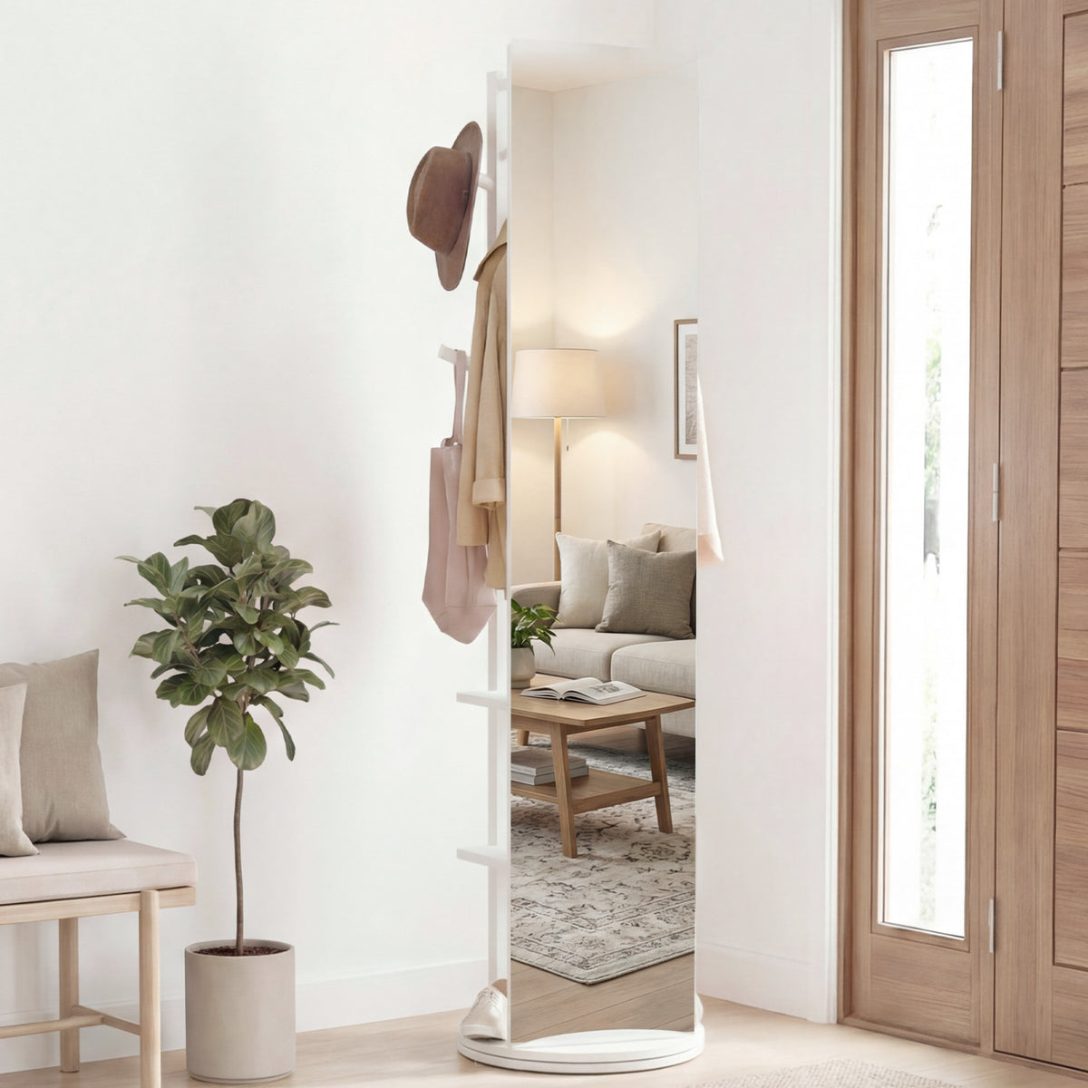 Full Length Mirror Coat Rack Swivel Floor Mirror for Bedroom-White-Coat Racks & Hall Trees-DECOROLALA