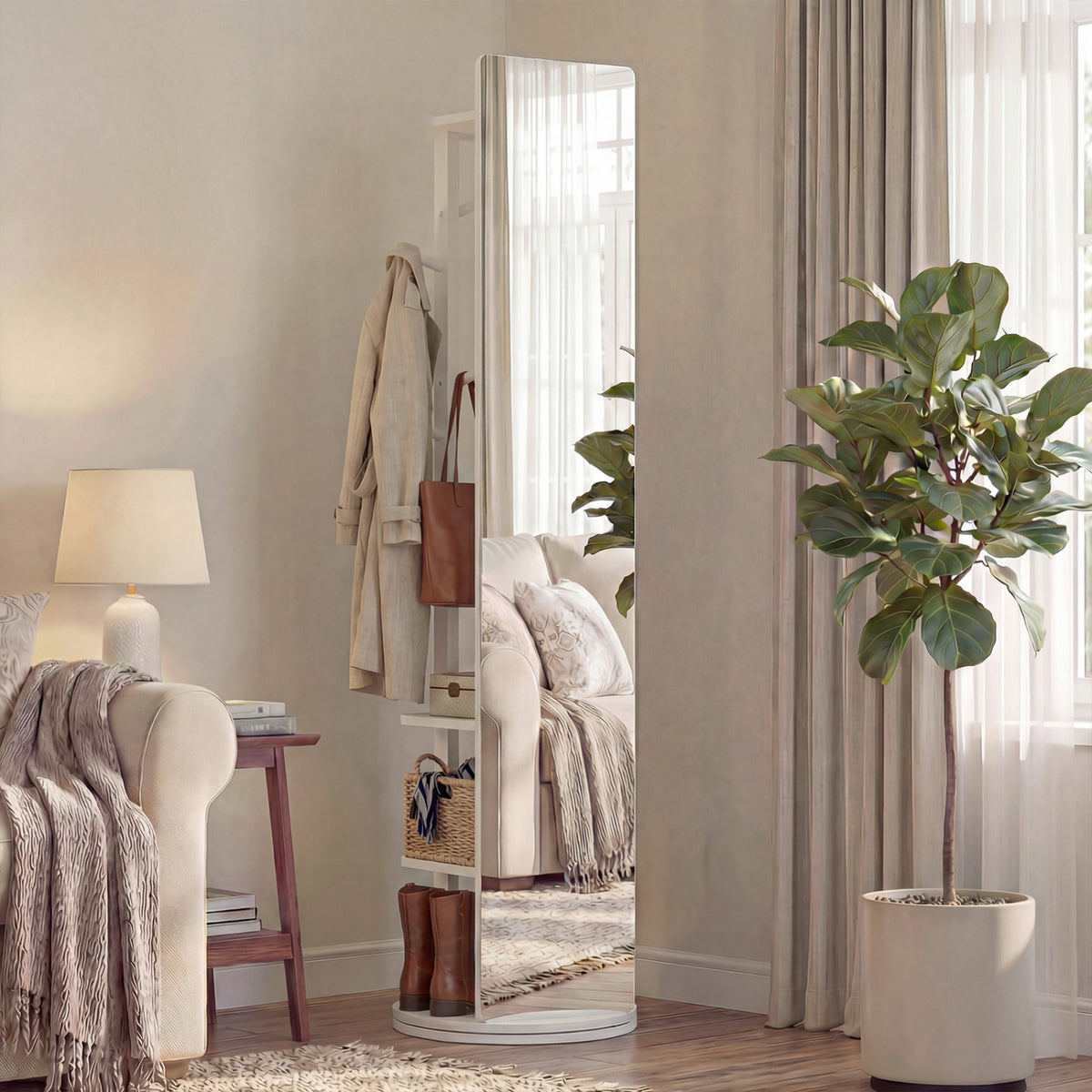 Full Length Mirror Coat Rack Swivel Floor Mirror for Bedroom-White-Coat Racks & Hall Trees-DECOROLALA