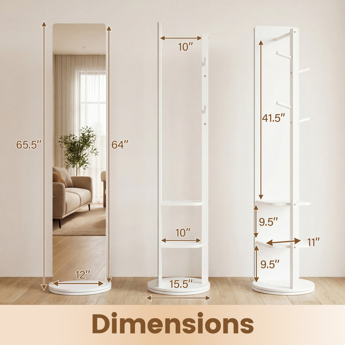 Full Length Mirror Coat Rack Swivel Floor Mirror for Bedroom-White-Coat Racks & Hall Trees-DECOROLALA