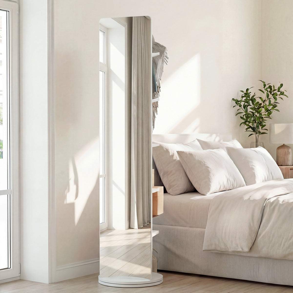 Full Length Mirror Coat Rack Swivel Floor Mirror for Bedroom-White-Coat Racks & Hall Trees-DECOROLALA