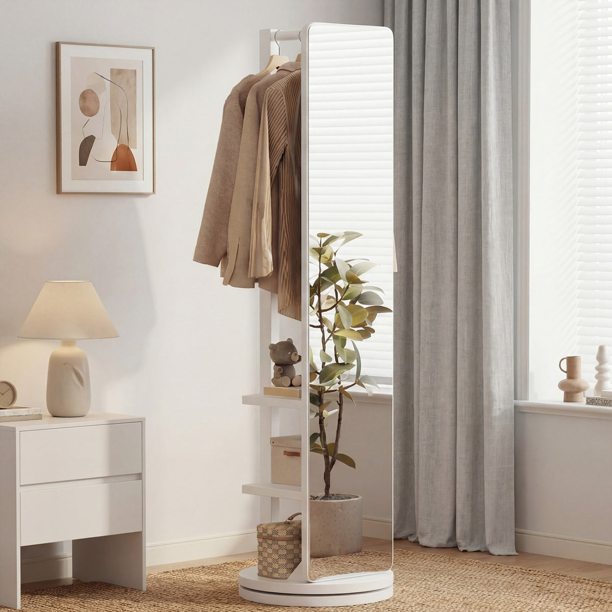 Full Length Mirror Coat Rack Swivel Floor Mirror for Bedroom-White-Coat Racks & Hall Trees-DECOROLALA