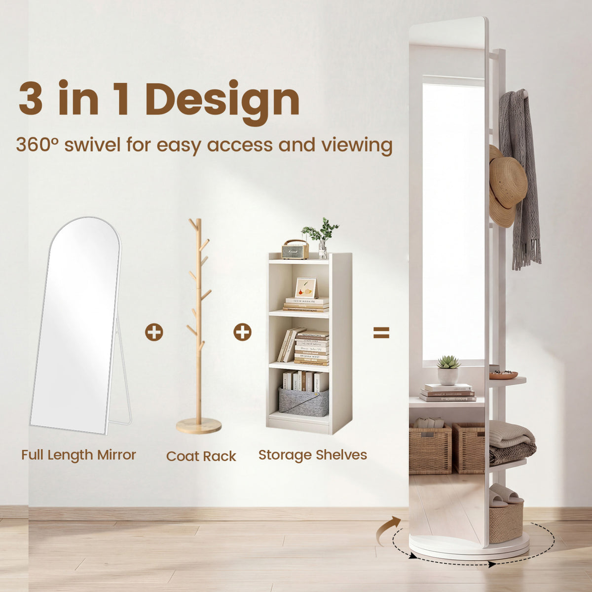 Full Length Mirror Coat Rack Swivel Floor Mirror for Bedroom-White-Coat Racks & Hall Trees-DECOROLALA