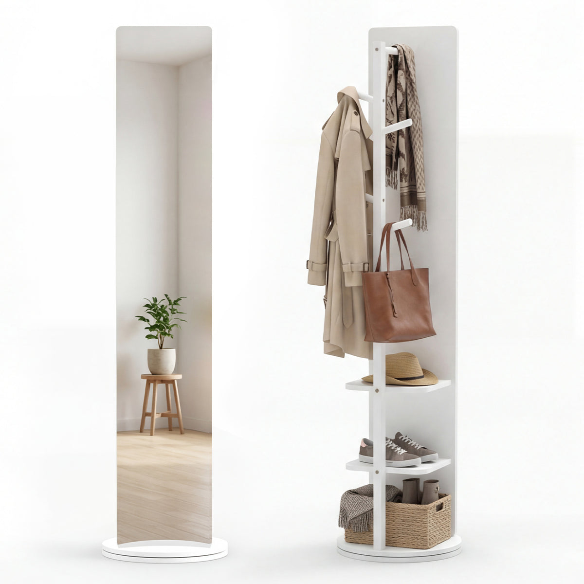 Full Length Mirror Coat Rack Swivel Floor Mirror for Bedroom-White-Coat Racks & Hall Trees-DECOROLALA