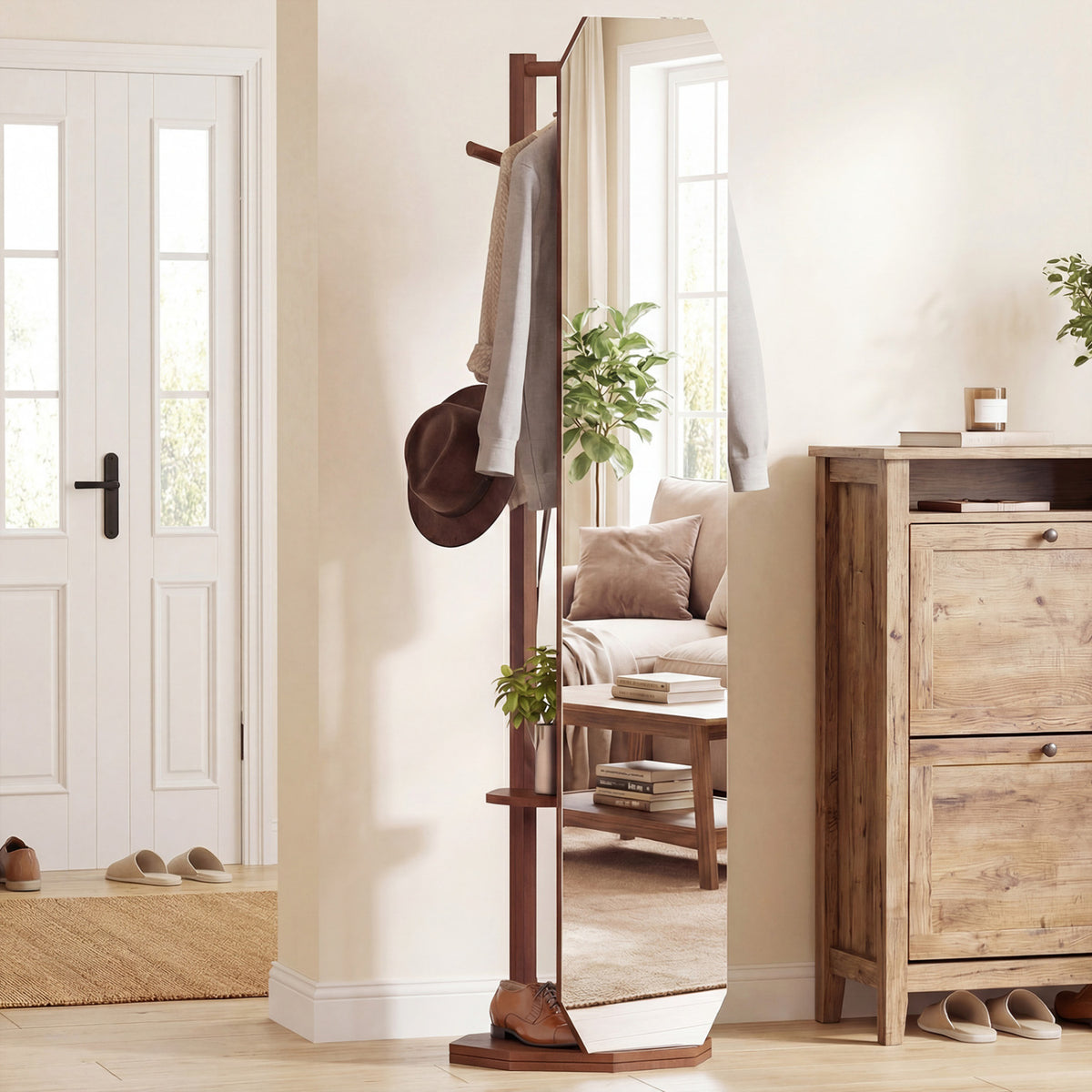 Full Length Mirror Coat Rack with Clothes Hanger for Bedroom-Walnut-Coat Racks & Hall Trees-DECOROLALA