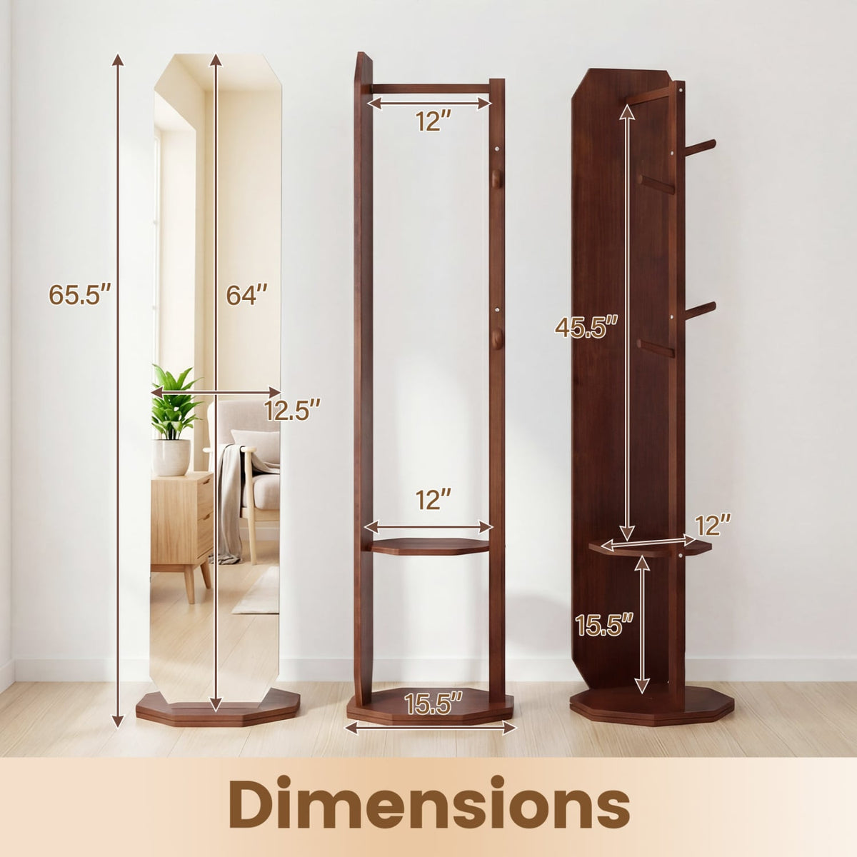 Full Length Mirror Coat Rack with Clothes Hanger for Bedroom-Walnut-Coat Racks & Hall Trees-DECOROLALA