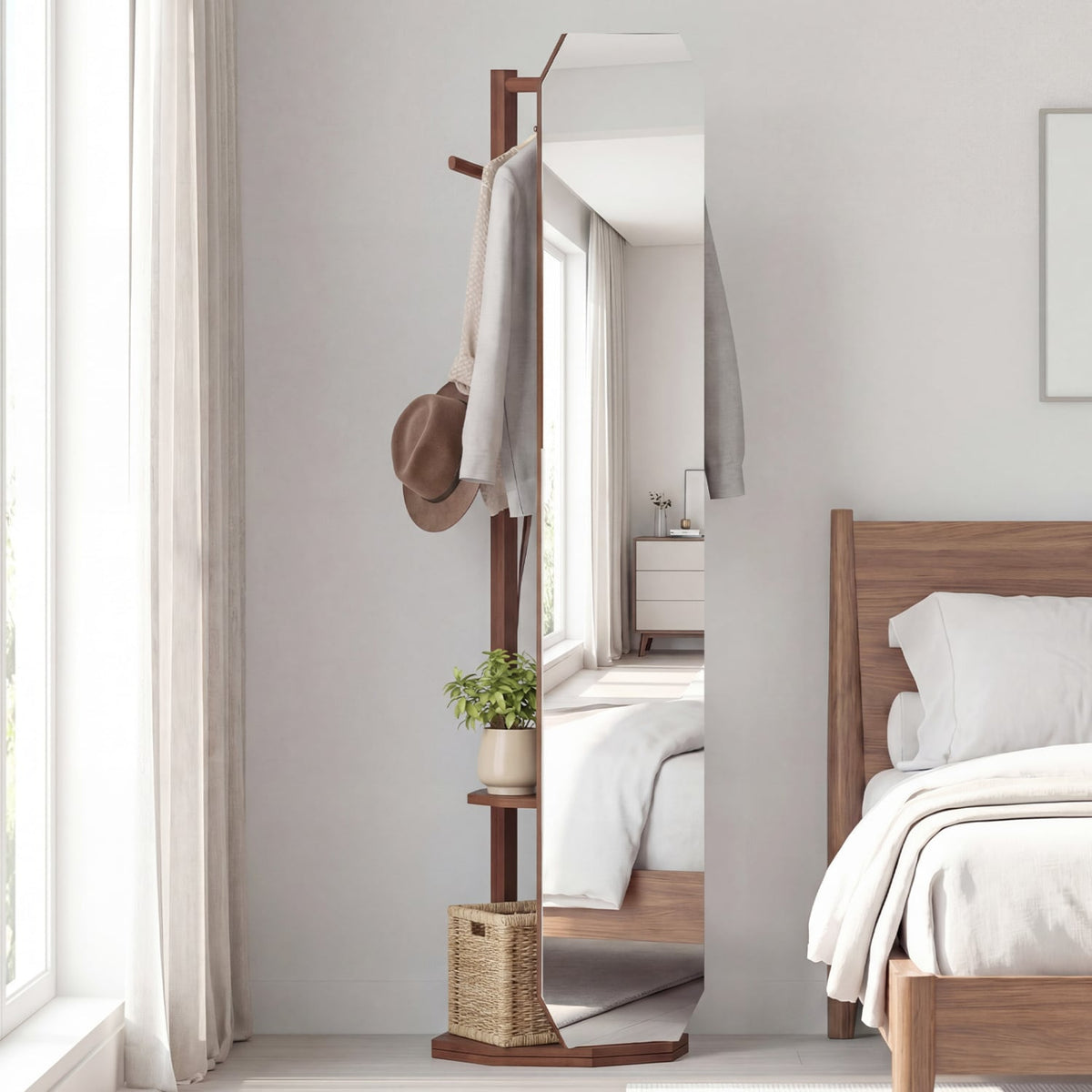 Full Length Mirror Coat Rack with Clothes Hanger for Bedroom-Walnut-Coat Racks & Hall Trees-DECOROLALA