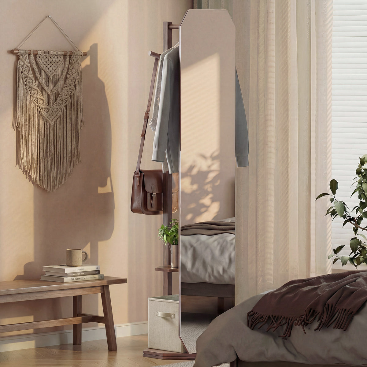 Full Length Mirror Coat Rack with Clothes Hanger for Bedroom-Walnut-Coat Racks & Hall Trees-DECOROLALA