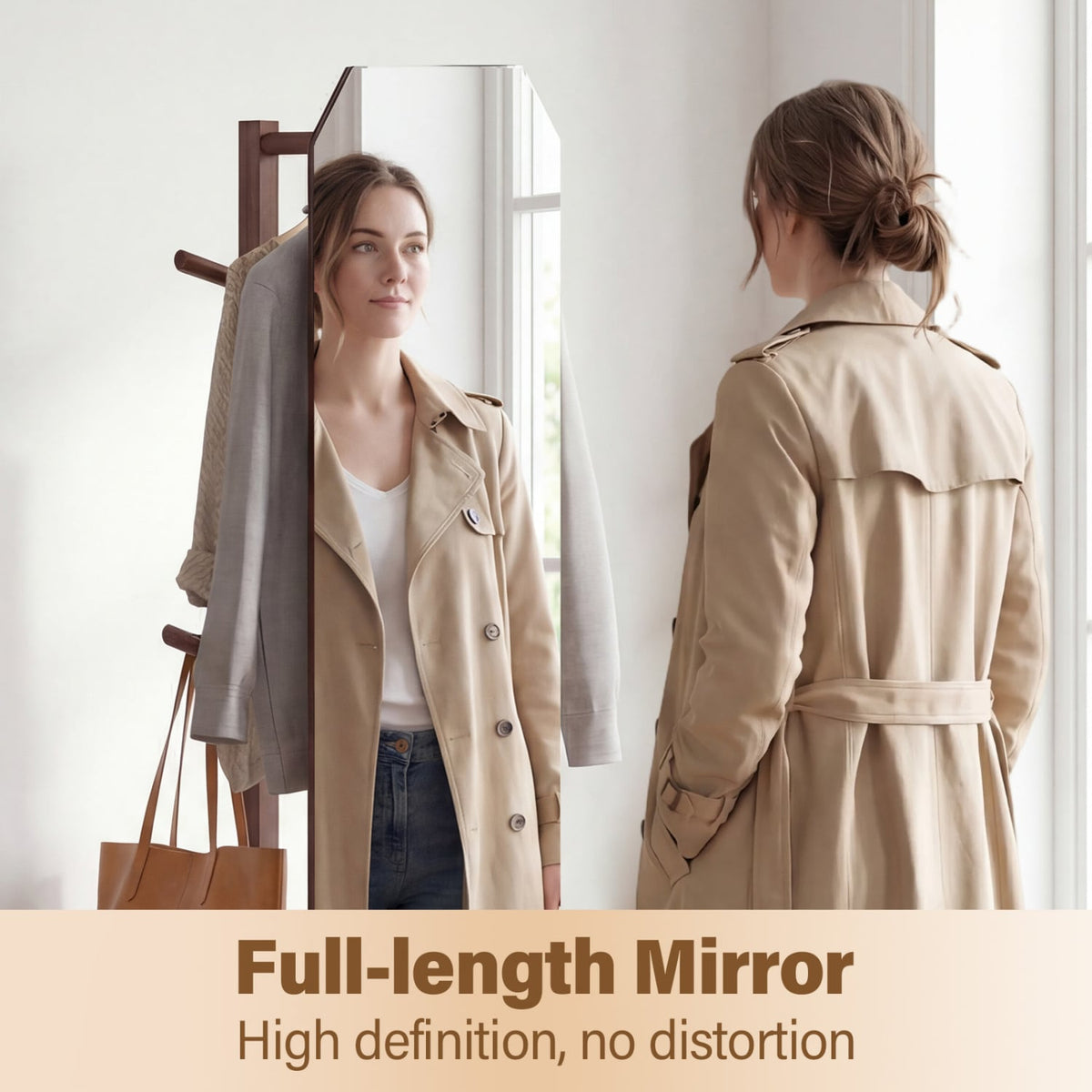 Full Length Mirror Coat Rack with Clothes Hanger for Bedroom-Walnut-Coat Racks & Hall Trees-DECOROLALA