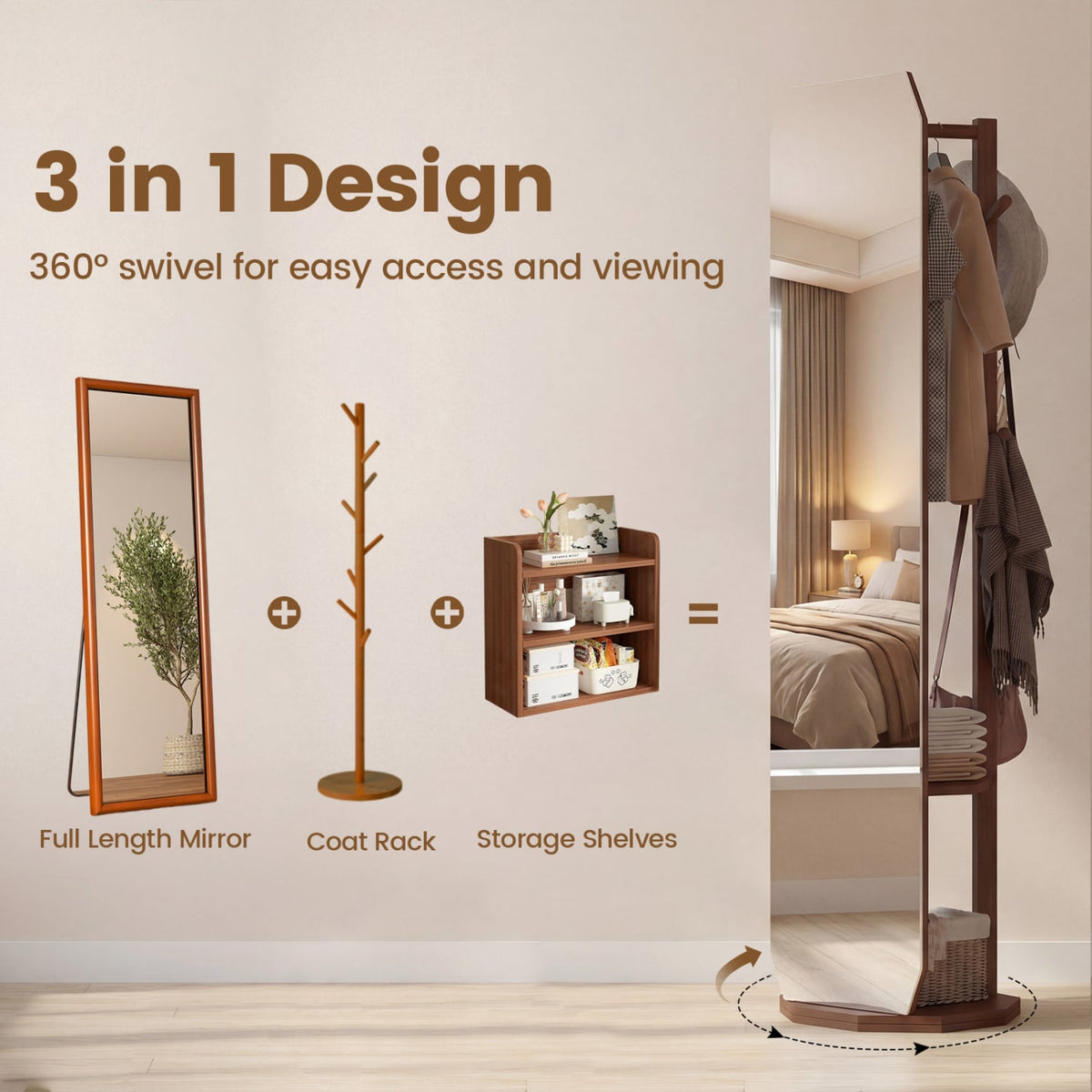 Full Length Mirror Coat Rack with Clothes Hanger for Bedroom-Walnut-Coat Racks & Hall Trees-DECOROLALA