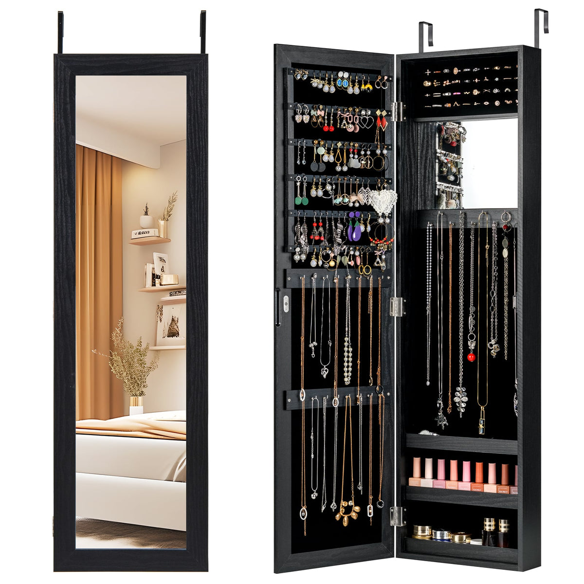 Full Length Mirror Jewelry Cabinet with Ring Slots and Necklace Hooks-Black-Jewelry Armoires-DECOROLALA
