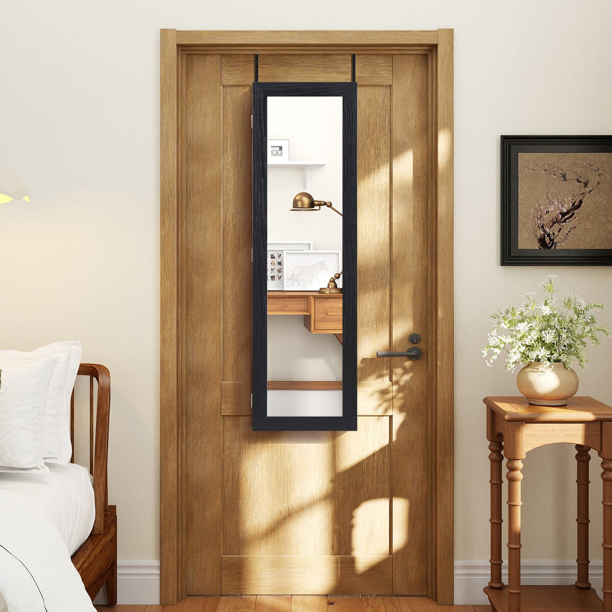Full Length Mirror Jewelry Cabinet with Ring Slots and Necklace Hooks-Black-Jewelry Armoires-DECOROLALA