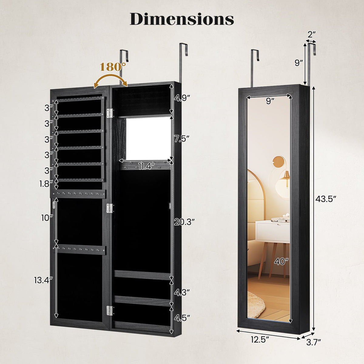 Full Length Mirror Jewelry Cabinet with Ring Slots and Necklace Hooks-Black-Jewelry Armoires-DECOROLALA