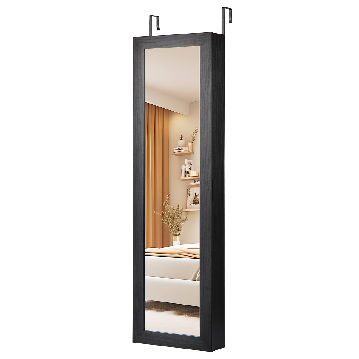Full Length Mirror Jewelry Cabinet with Ring Slots and Necklace Hooks-Black-Jewelry Armoires-DECOROLALA