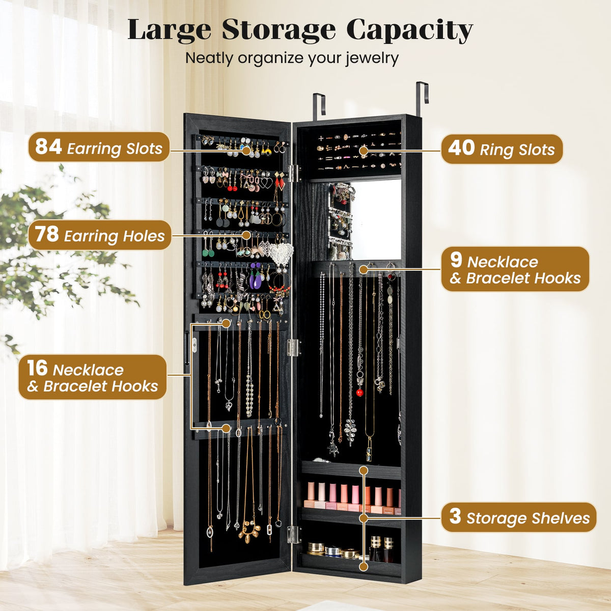 Full Length Mirror Jewelry Cabinet with Ring Slots and Necklace Hooks-Black-Jewelry Armoires-DECOROLALA