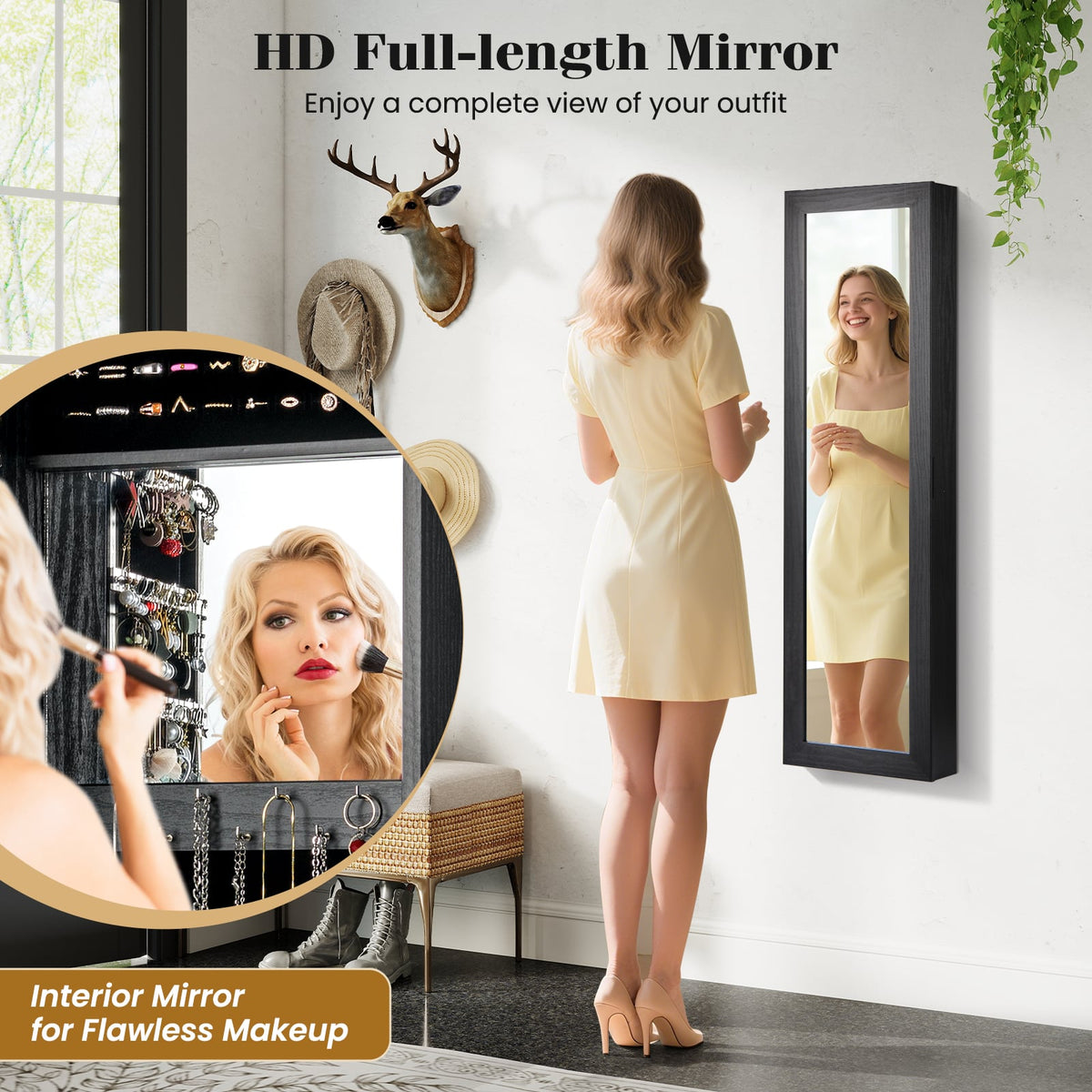 Full Length Mirror Jewelry Cabinet with Ring Slots and Necklace Hooks-Black-Jewelry Armoires-DECOROLALA