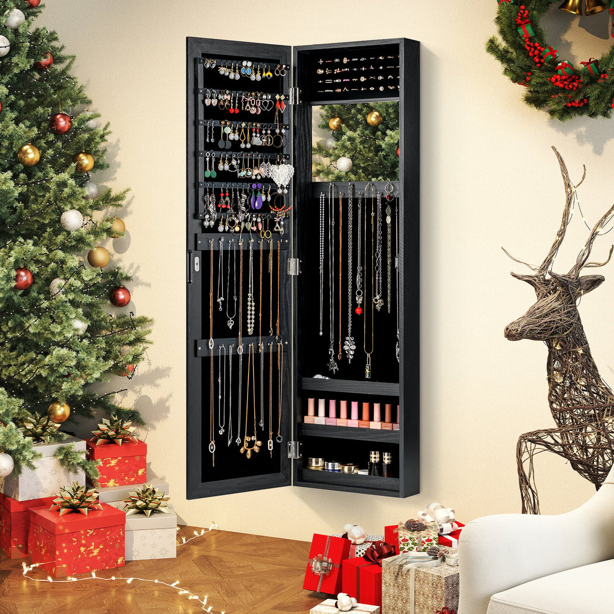 Full Length Mirror Jewelry Cabinet with Ring Slots and Necklace Hooks-Black-Jewelry Armoires-DECOROLALA