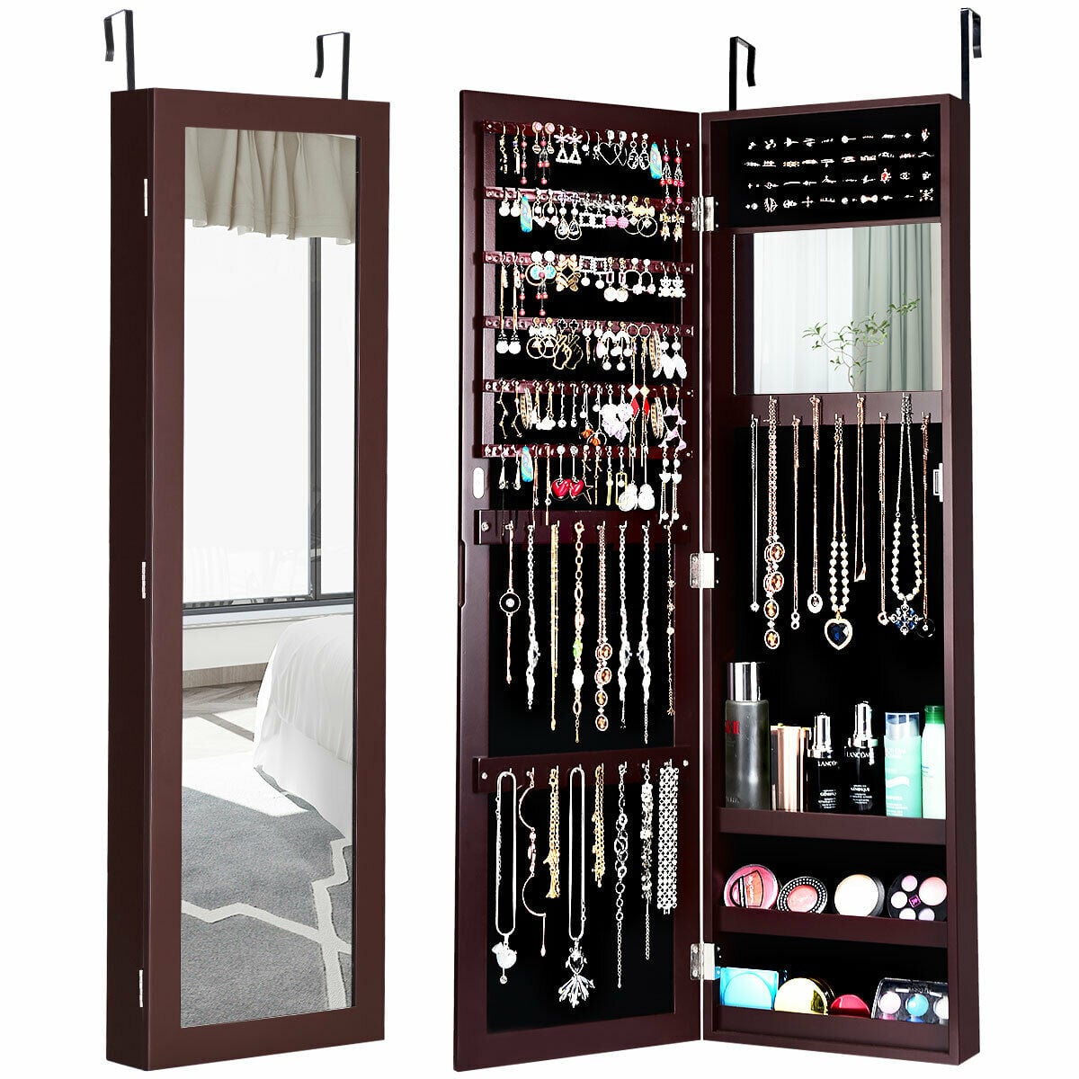 Full Length Mirror Jewelry Cabinet with Ring Slots and Necklace Hooks-Dark Brown-Jewelry Armoires-DECOROLALA