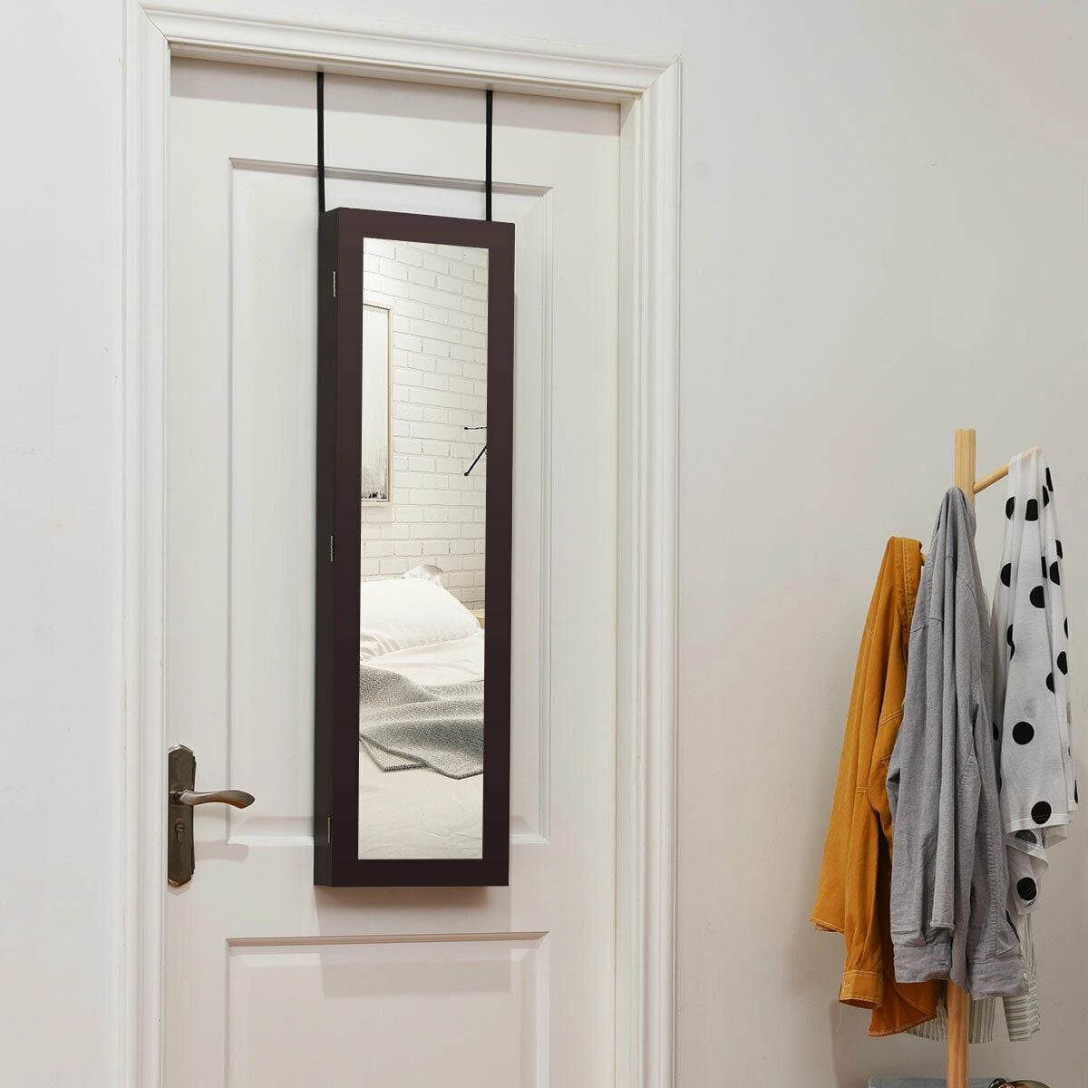 Full Length Mirror Jewelry Cabinet with Ring Slots and Necklace Hooks-Dark Brown-Jewelry Armoires-DECOROLALA