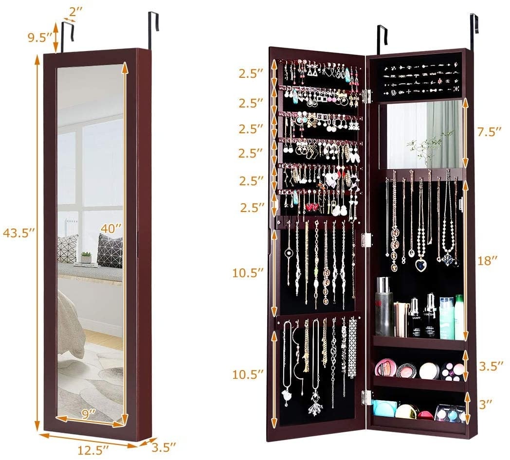 Full Length Mirror Jewelry Cabinet with Ring Slots and Necklace Hooks-Dark Brown-Jewelry Armoires-DECOROLALA