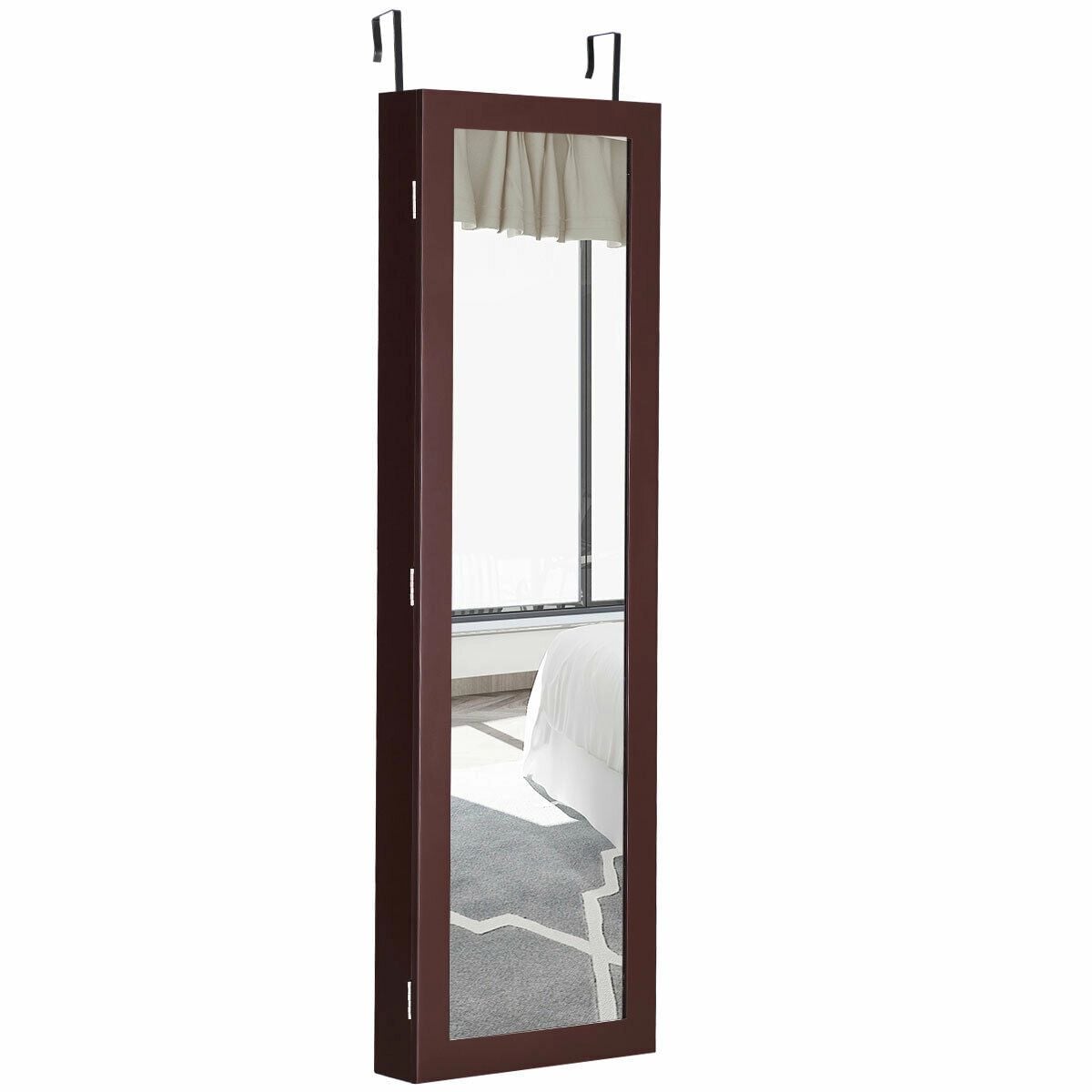 Full Length Mirror Jewelry Cabinet with Ring Slots and Necklace Hooks-Dark Brown-Jewelry Armoires-DECOROLALA