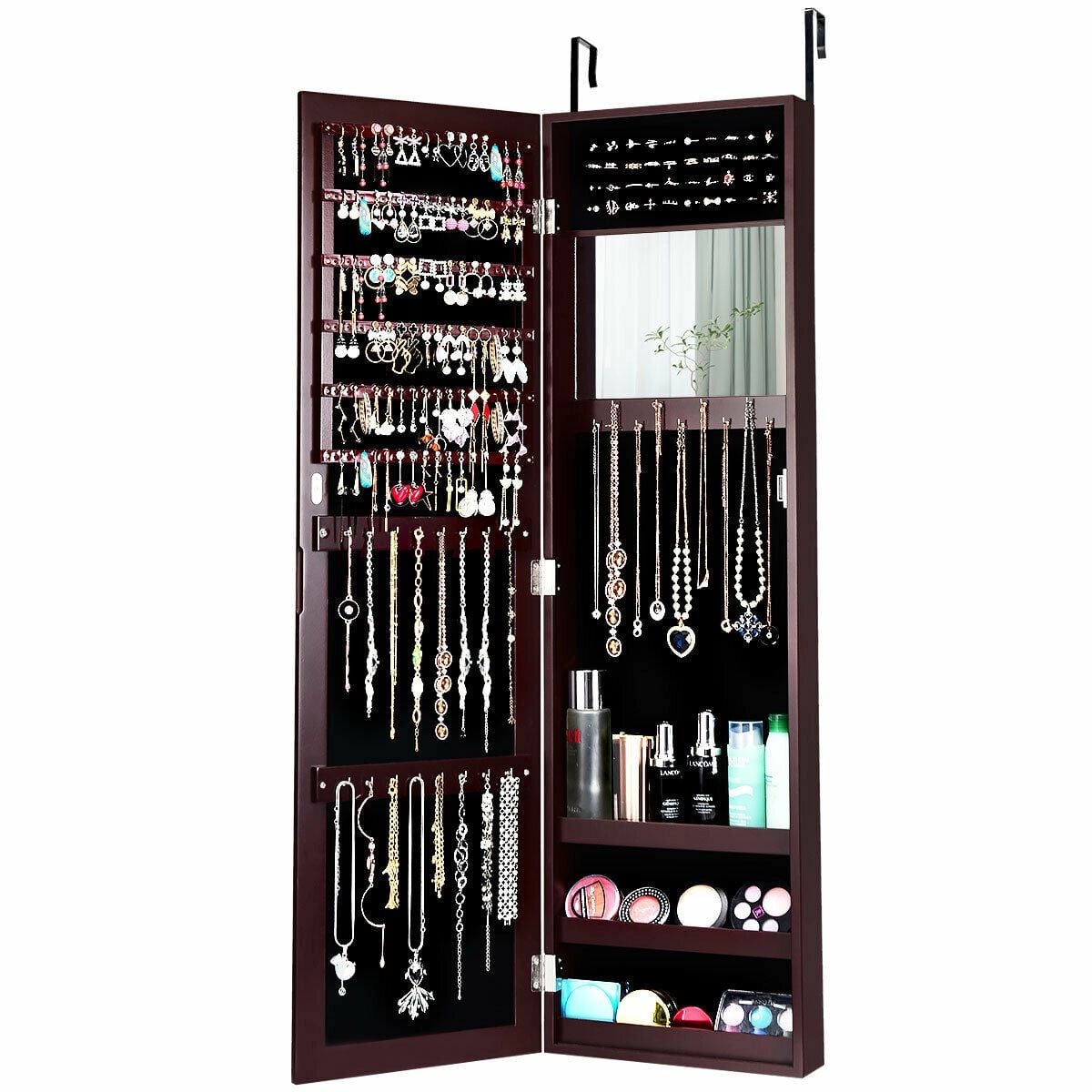 Full Length Mirror Jewelry Cabinet with Ring Slots and Necklace Hooks-Dark Brown-Jewelry Armoires-DECOROLALA