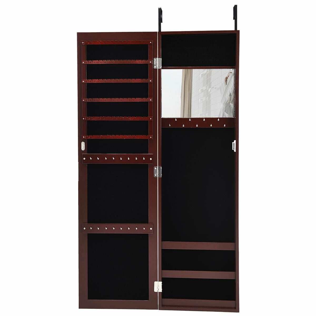 Full Length Mirror Jewelry Cabinet with Ring Slots and Necklace Hooks-Dark Brown-Jewelry Armoires-DECOROLALA