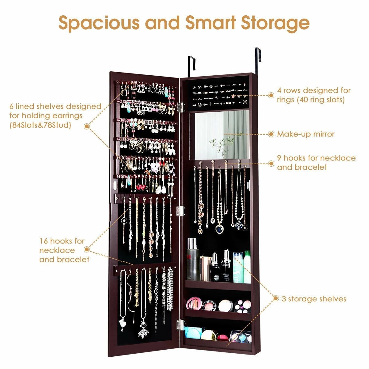 Full Length Mirror Jewelry Cabinet with Ring Slots and Necklace Hooks-Dark Brown-Jewelry Armoires-DECOROLALA