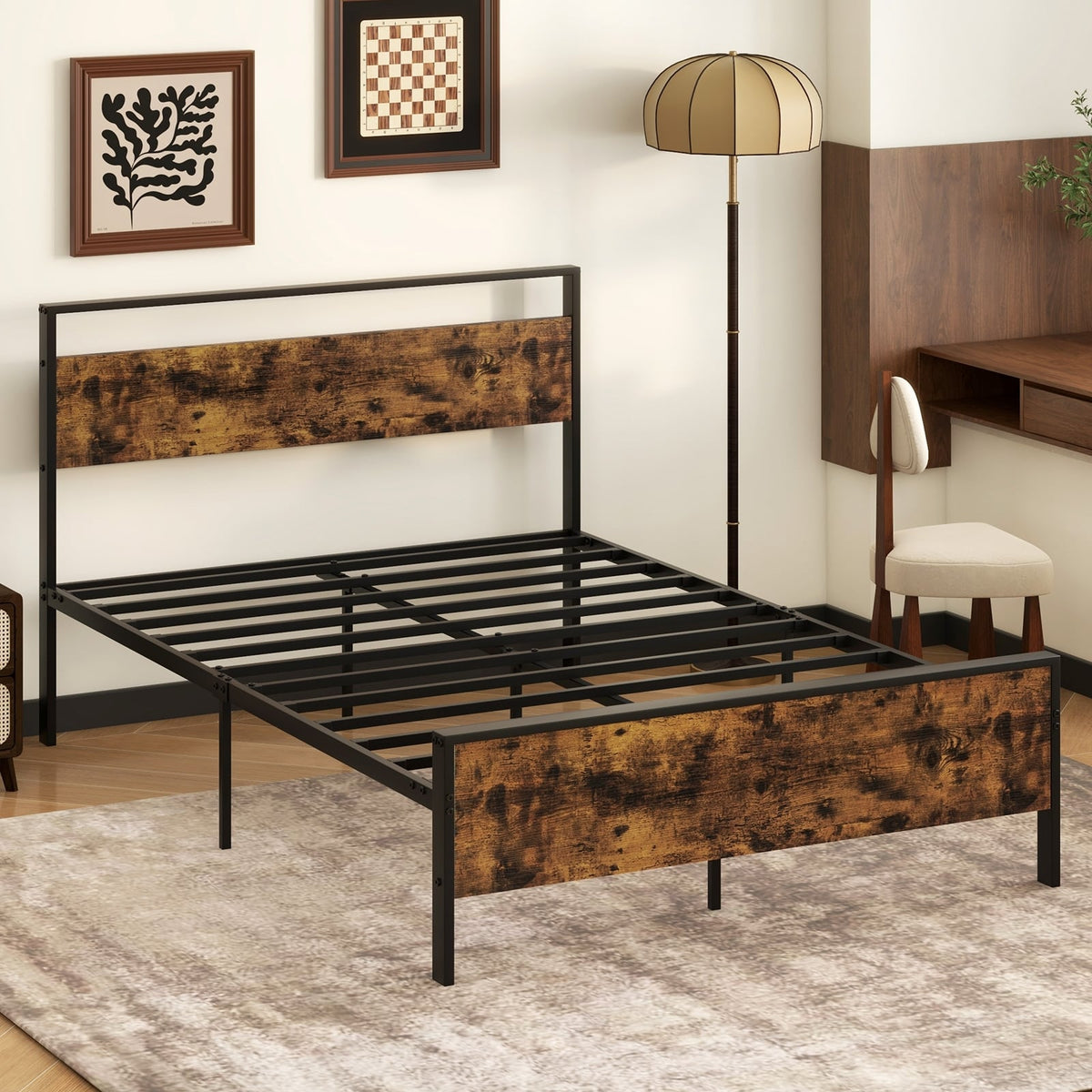 Full Metal Bed Frame Industrial Platform Bed with Wooden Headboard-Full Size-Simple Bed Frame-DECOROLALA
