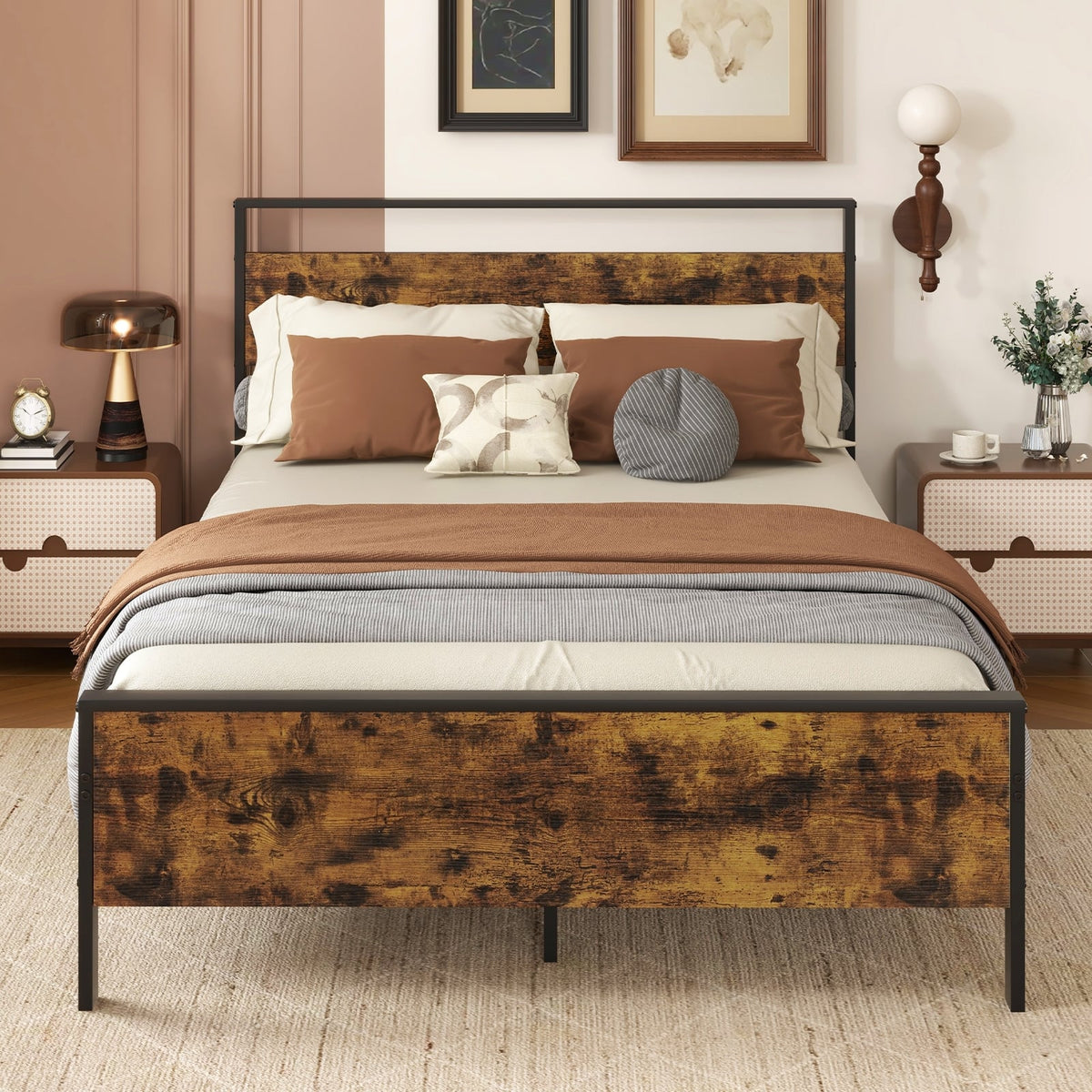 Full Metal Bed Frame Industrial Platform Bed with Wooden Headboard-Full Size-Simple Bed Frame-DECOROLALA