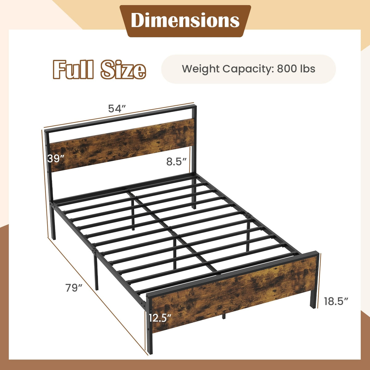 Full Metal Bed Frame Industrial Platform Bed with Wooden Headboard-Full Size-Simple Bed Frame-DECOROLALA