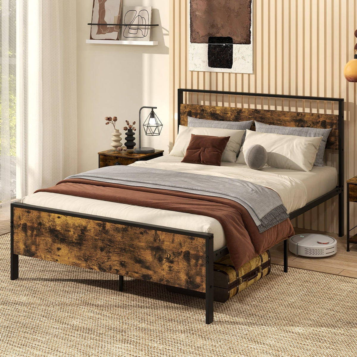 Full Metal Bed Frame Industrial Platform Bed with Wooden Headboard-Full Size-Simple Bed Frame-DECOROLALA
