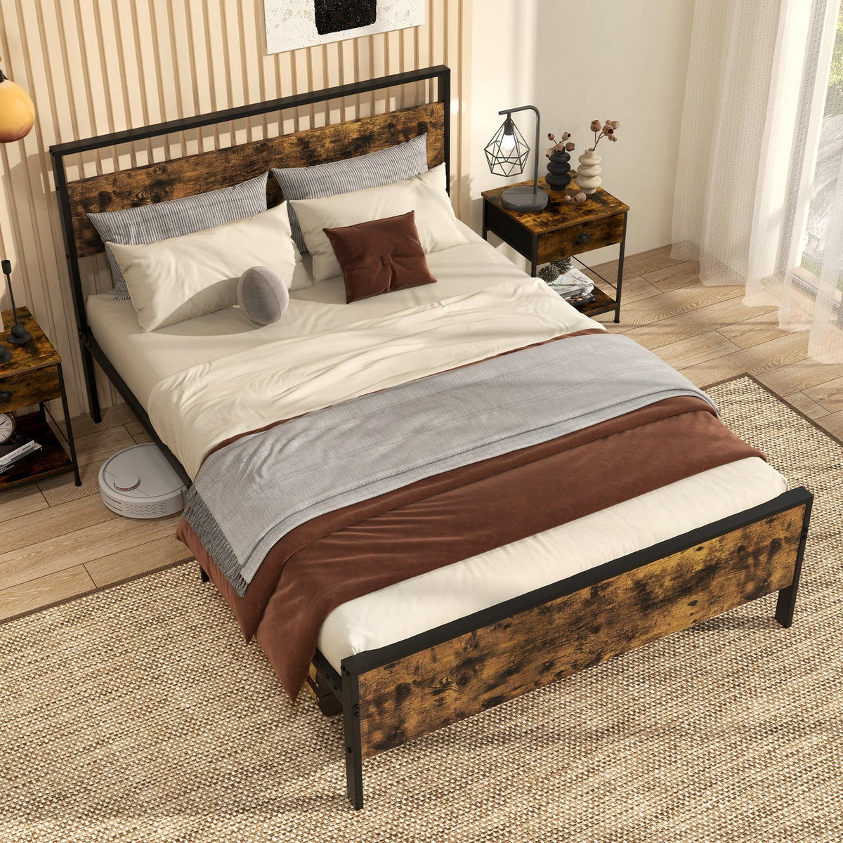 Full Metal Bed Frame Industrial Platform Bed with Wooden Headboard-Full Size-Simple Bed Frame-DECOROLALA