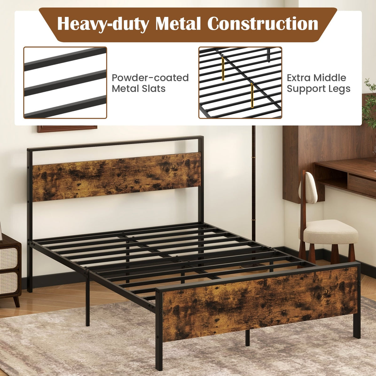 Full Metal Bed Frame Industrial Platform Bed with Wooden Headboard-Full Size-Simple Bed Frame-DECOROLALA