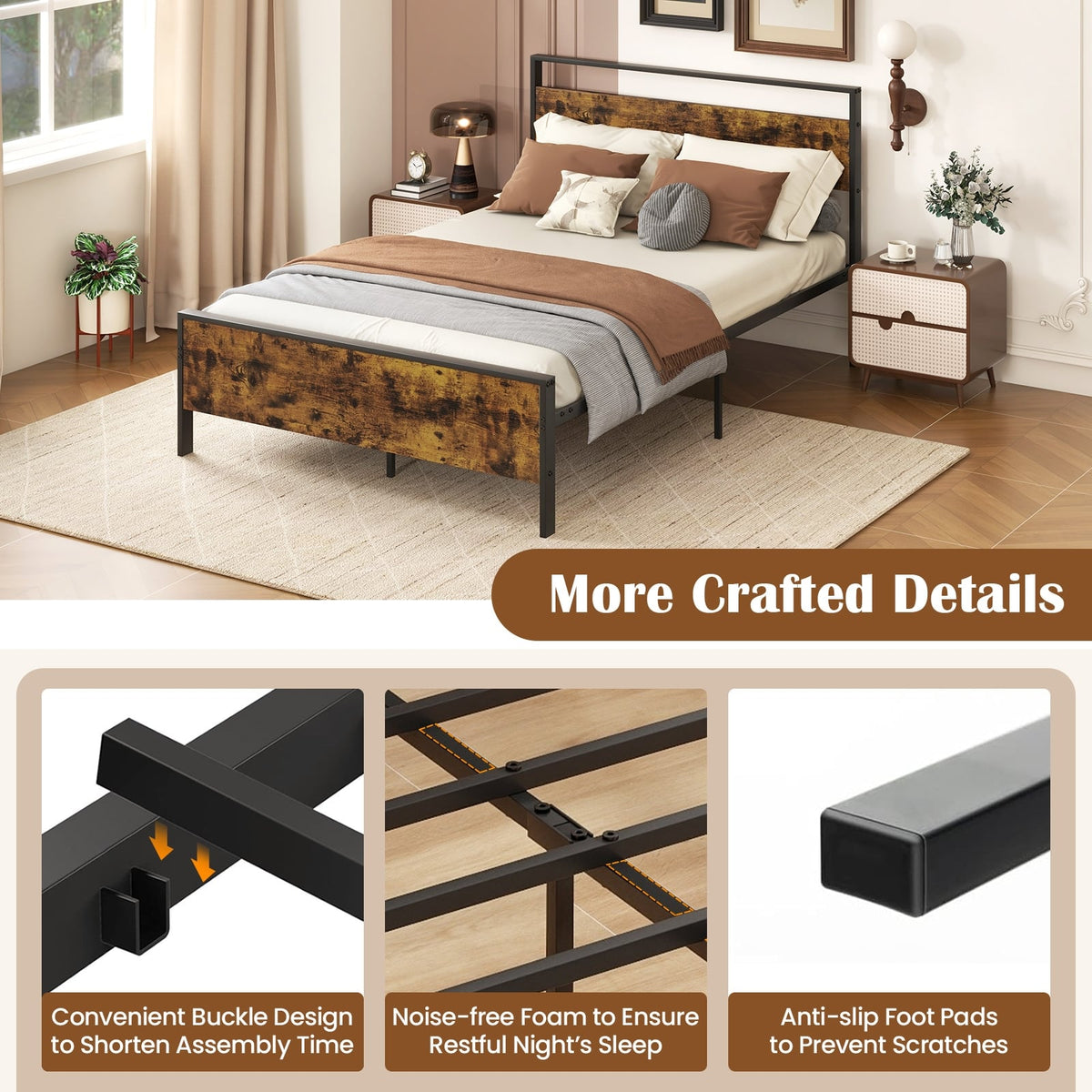 Full Metal Bed Frame Industrial Platform Bed with Wooden Headboard-Full Size-Simple Bed Frame-DECOROLALA