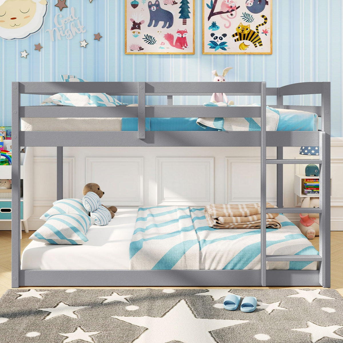 Full Over Full Bunk Bed Low-to-ground Bunk Bed-Bunk Bed Frame-DECOROLALA