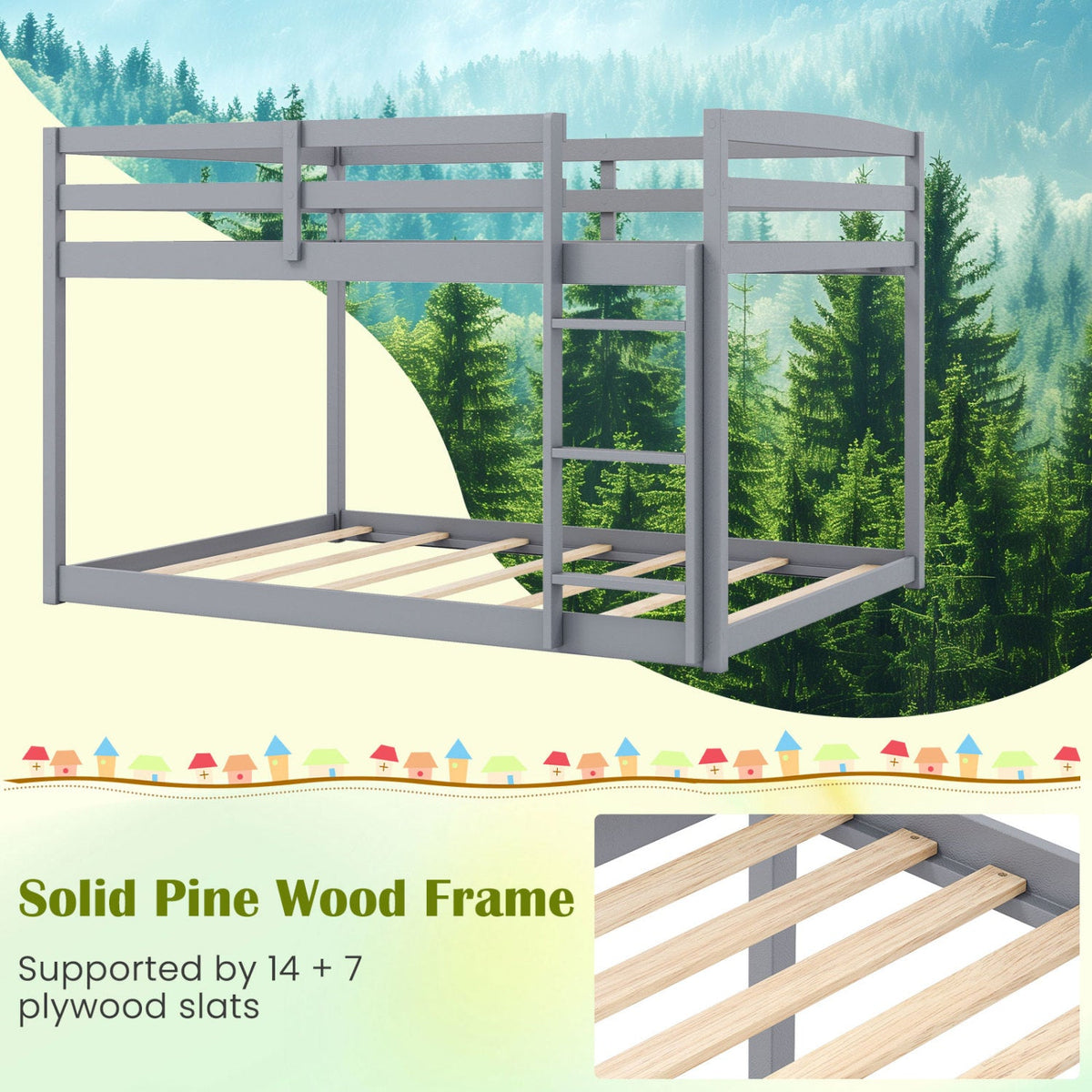 Full Over Full Bunk Bed Low-to-ground Bunk Bed-Bunk Bed Frame-DECOROLALA