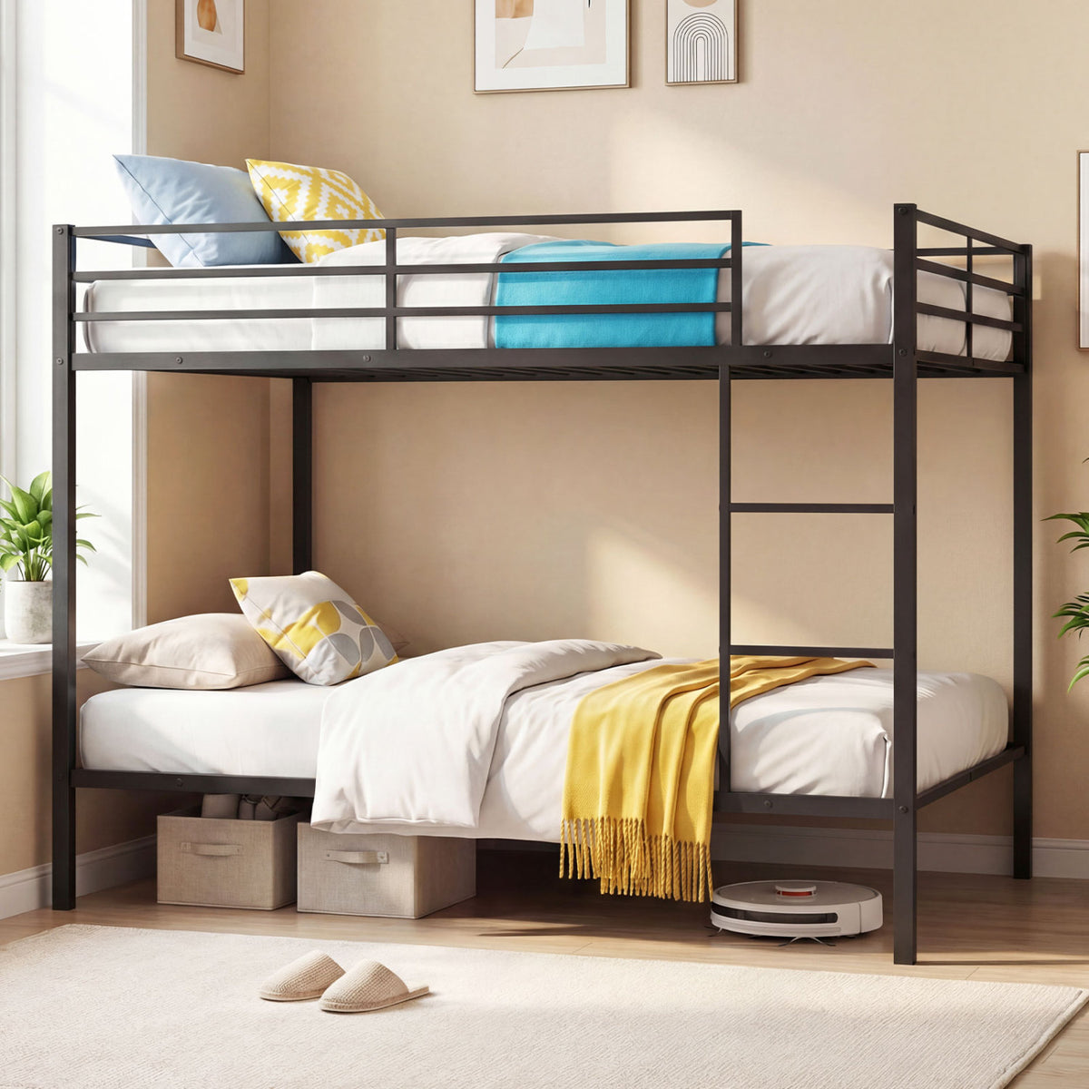Full Over Full Metal Bunk Bed with Safety Guardrail - Black-Bunk Bed Frame-DECOROLALA