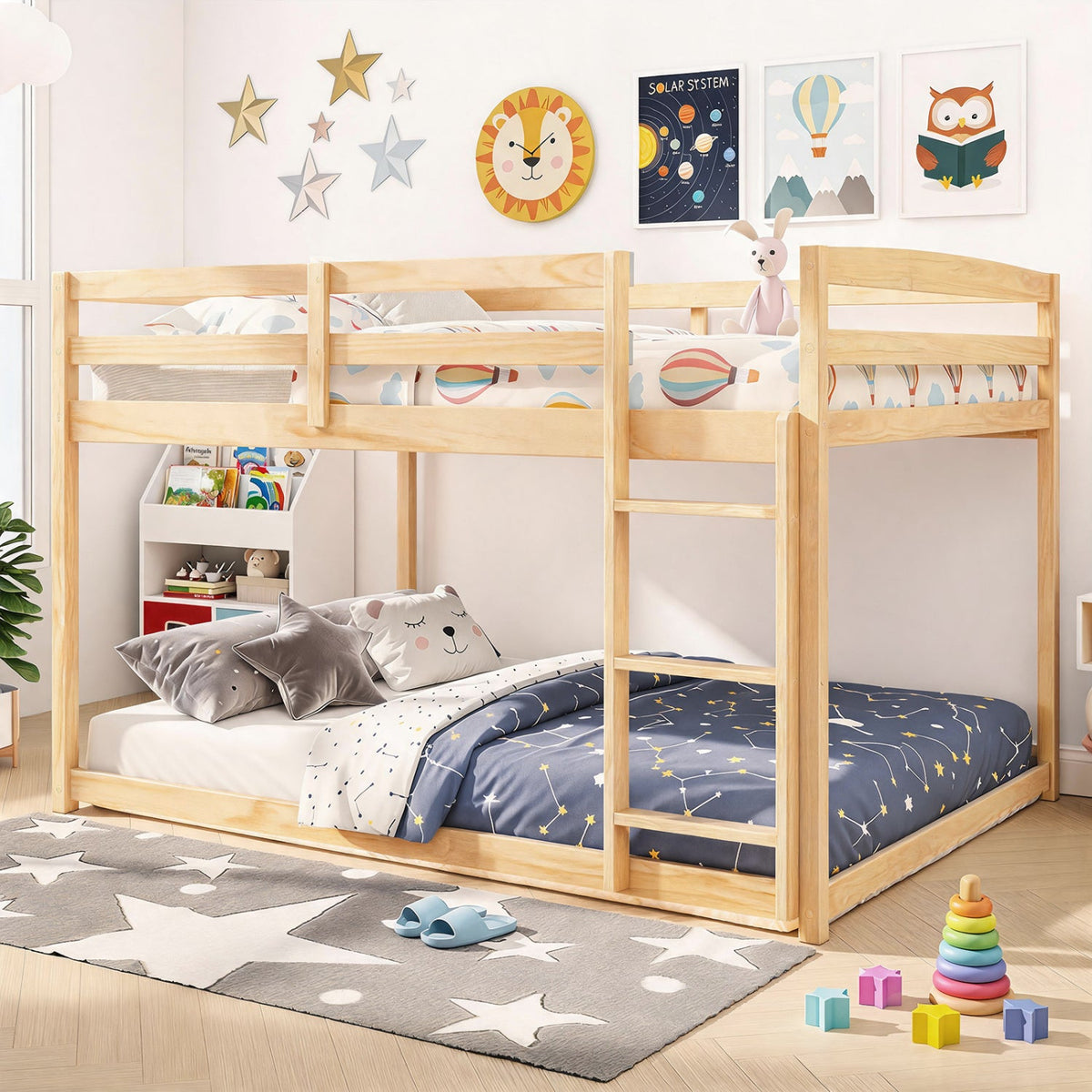 Full Over Full Solid Pine Wood Bunk Bed with Integrated Ladder-Bunk Bed Frame-DECOROLALA